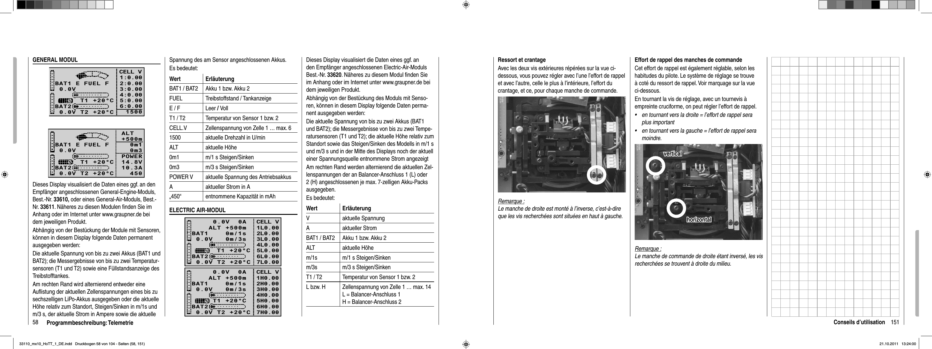 58 Programmbeschreibung: TelemetrieGENERAL MODUL0.0VBAT1BAT20.0V T2 +20°C     T1 +20°CE FUEL FCELL V1:0.002:0.003:0.004:0.005:0.006:0.0015000.0VBAT1BAT20.0V T2 +20°C     T1 +20°CE FUEL F ALT    +500m 0m1 0m3POWER   14.8V10.3A   450Dieses Display visualisiert die Daten eines ggf. an den Empfänger angeschlossenen General-Engine-Moduls, Best.-Nr. 33610, oder eines General-Air-Moduls, Best.-Nr. 33611. Näheres zu diesen Modulen ﬁ nden Sie im Anhang oder im Internet unter www.graupner.de bei dem jeweiligen Produkt.Abhängig von der Bestückung der Module mit Sensoren, können in diesem Display folgende Daten permanent ausgegeben werden:Die aktuelle Spannung von bis zu zwei Akkus (BAT1 und BAT2); die Messergebnisse von bis zu zwei Temperatur-sensoren (T1 und T2) sowie eine Füllstandsanzeige des Treibstofftankes.Am rechten Rand wird alternierend entweder eine Auﬂ istung der aktuellen Zellenspannungen eines bis zu sechszelligen LiPo-Akkus ausgegeben oder die aktuelle Höhe relativ zum Standort, Steigen/Sinken in m/1s und m/3 s, der aktuelle Strom in Ampere sowie die aktuelle Spannung des am Sensor angeschlossenen Akkus. Es bedeutet:Wert ErläuterungBAT1 / BAT2 Akku 1 bzw. Akku 2FUEL Treibstoffstand / TankanzeigeE / F Leer /VollT1 / T2 Temperatur von Sensor 1 bzw. 2CELL.V Zellenspannung von Zelle 1 … max. 61500 aktuelle Drehzahl in U/minALT aktuelle Höhe0m1 m/1 s Steigen/Sinken0m3 m/3 s Steigen/SinkenPOWER V aktuelle Spannung des AntriebsakkusA aktueller Strom in A„450“ entnommene Kapazität in mAhELECTRIC AIR-MODUL0.0V   0m/3sBAT1    0m/1sBAT20.0V T2 +20°CT1 +20°CCELL V1L0.002L0.003L0.004L0.005L0.006L0.00    0.0V  0A   ALT +500m7L0.00Dieses Display visualisiert die Daten eines ggf. an den Empfänger angeschlossenen Electric-Air-Moduls Best.-Nr. 33620. Näheres zu diesem Modul ﬁ nden Sie im Anhang oder im Internet unter www.graupner.de bei dem jeweiligen Produkt.Abhängig von der Bestückung des Moduls mit Senso-ren, können in diesem Display folgende Daten perma-nent ausgegeben werden:Die aktuelle Spannung von bis zu zwei Akkus (BAT1 und BAT2); die Messergebnisse von bis zu zwei Tempe-ratursensoren (T1 und T2); die aktuelle Höhe relativ zum Standort sowie das Steigen/Sinken des Modells in m/1 s und m/3 s und in der Mitte des Displays noch der aktuell einer Spannungsquelle entnommene Strom angezeigtAm rechten Rand werden alternierend die aktuellen Zel-lenspannungen der an Balancer-Anschluss 1 (L) oder 2 (H) angeschlossenen je max. 7-zelligen Akku-Packs ausgegeben. Es bedeutet:Wert ErläuterungV aktuelle SpannungA aktueller StromBAT1 / BAT2 Akku 1 bzw. Akku 2ALT aktuelle Höhem/1s m/1 s Steigen/Sinkenm/3s m/3 s Steigen/SinkenT1 / T2 Temperatur von Sensor 1 bzw. 2L bzw. H Zellenspannung von Zelle 1 … max. 14L = Balancer-Anschluss 1H = Balancer-Anschluss 20.0V   0m/3sBAT1    0m/1sBAT20.0V T2 +20°CT1 +20°CCELL V1H0.002H0.003H0.004H0.005H0.006H0.00    0.0V  0A   ALT +500m7H0.00151Conseils d’utilisationEffort de rappel des manches de commandeCet effort de rappel est également réglable, selon les habitudes du pilote. Le système de réglage se trouve à coté du ressort de rappel. Voir marquage sur la vue ci-dessous.En tournant la vis de réglage, avec un tournevis à empreinte cruciforme, on peut régler l’effort de rappel.en tournant vers la droite = l’effort de rappel sera •plus importanten tournant vers la gauche = l’effort de rappel sera •moindre.horizontalhorizontalverticalverticalRemarque :Le manche de commande de droite étant inversé, les vis recherchées se trouvent à droite du milieu.Ressort et crantageAvec les deux vis extérieures répérées sur la vue ci-dessous, vous pouvez régler avec l’une l’effort de rappel et avec l’autre, celle le plus à l’intérieure, l’effort du crantage, et ce, pour chaque manche de commande.Remarque :Le manche de droite est monté à l’inverse, c’est-à-dire que les vis recherchées sont situées en haut à gauche.33110_mx10_HoTT_1_DE.indd   Druckbogen 58 von 104 - Seiten (58, 151)33110_mx10_HoTT_1_DE.indd   Druckbogen 58 von 104 - Seiten (58, 151)21.10.2011   13:24:0021.10.2011   13:24:00