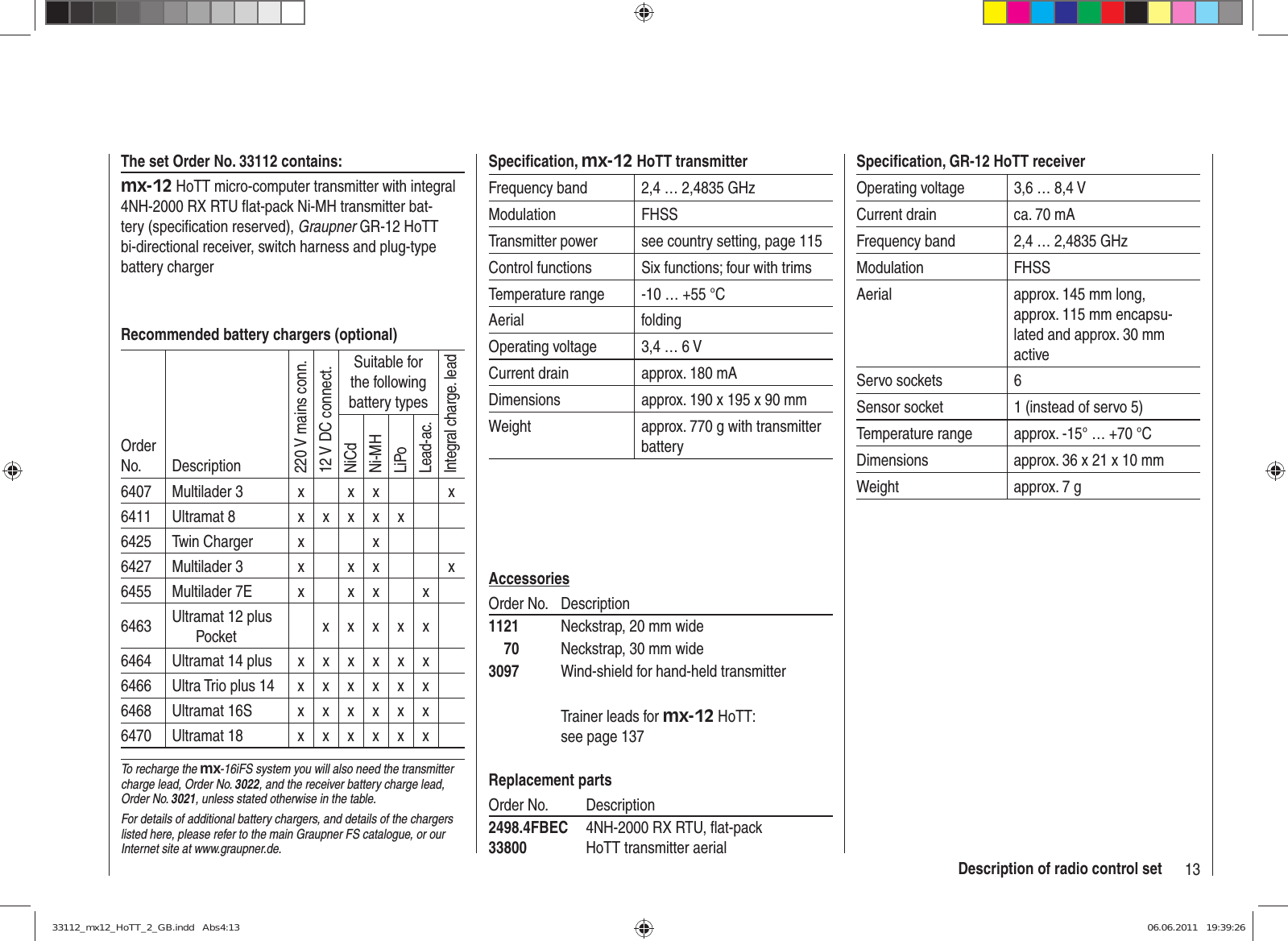 13Description of radio control setSpeciﬁ cation, mx-12 HoTT transmitterFrequency band 2,4 … 2,4835 GHzModulation FHSSTransmitter power see country setting, page 115Control functions Six functions; four with trimsTemperature range -10 … +55 °CAerial foldingOperating voltage 3,4 … 6 VCurrent drain approx. 180 mADimensions approx. 190 x 195 x 90 mmWeight approx. 770 g with transmitter batteryAccessoriesOrder No.  Description1121  Neckstrap, 20 mm wide    70  Neckstrap, 30 mm wide3097  Wind-shield for hand-held transmitter  Trainer leads for mx-12 HoTT: see page 137Replacement partsOrder No.  Description2498.4FBEC  4NH-2000 RX RTU, ﬂ at-pack33800  HoTT transmitter aerialSpeciﬁ cation, GR-12 HoTT receiverOperating voltage 3,6 … 8,4 VCurrent drain ca. 70 mAFrequency band 2,4 … 2,4835 GHzModulation FHSSAerial approx. 145 mm long,approx. 115 mm encapsu-lated and approx. 30 mm activeServo sockets 6Sensor socket 1 (instead of servo 5)Temperature range approx. -15° … +70 °CDimensions approx. 36 x 21 x 10 mmWeight approx. 7 gThe set Order No. 33112 contains:mx-12 HoTT micro-computer transmitter with integral 4NH-2000 RX RTU ﬂ at-pack Ni-MH transmitter bat-tery (speciﬁ cation reserved), Graupner GR-12 HoTT bi-directional receiver, switch harness and plug-type battery chargerRecommended battery chargers (optional)Order No. Description220 V mains conn.12 V DC connect.Suitable for the following battery typesIntegral charge. leadNiCdNi-MHLiPoLead-ac.6407 Multilader 3 x x x x6411 Ultramat 8 x x x x x6425 Twin Charger x x6427 Multilader 3 x x x x6455 Multilader 7E x x x x6463 Ultramat 12 plus Pocket xxxxx6464 Ultramat 14 plus x x x x x x6466 Ultra Trio plus 14 x x x x x x6468 Ultramat 16S x x x x x x6470 Ultramat 18 x x x x x xTo recharge the mx-16iFS system you will also need the transmitter charge lead, Order No. 3022, and the receiver battery charge lead, Order No. 3021, unless stated otherwise in the table.For details of additional battery chargers, and details of the chargers listed here, please refer to the main Graupner FS catalogue, or our Internet site at www.graupner.de.33112_mx12_HoTT_2_GB.indd   Abs4:1333112_mx12_HoTT_2_GB.indd   Abs4:13 06.06.2011   19:39:2606.06.2011   19:39:26