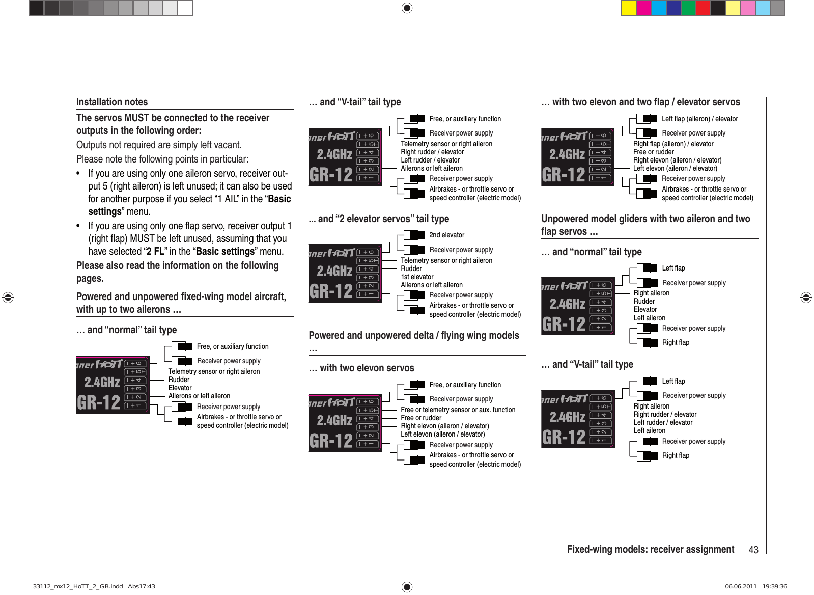43Fixed-wing models: receiver assignmentInstallation notesThe servos MUST be connected to the receiver outputs in the following order:Outputs not required are simply left vacant.Please note the following points in particular:If you are using only one aileron servo, receiver out-• put 5 (right aileron) is left unused; it can also be used for another purpose if you select “1 AIL” in the “Basic settings” menu.If you are using only one ﬂ ap servo, receiver output 1 • (right ﬂ ap) MUST be left unused, assuming that you have selected “2 FL” in the “Basic settings” menu.Please also read the information on the following pages.Powered and unpowered ﬁ xed-wing model aircraft, with up to two ailerons …… and “normal” tail typeFree, or auxiliary functionRudderAilerons or left aileronElevatorTelemetry sensor or right aileronReceiver power supplyReceiver power supplyAirbrakes - or throttle servo orspeed controller (electric model)… and “V-tail” tail typeFree, or auxiliary functionRight rudder / elevatorAilerons or left aileronLeft rudder / elevatorTelemetry sensor or right aileronReceiver power supplyReceiver power supplyAirbrakes - or throttle servo orspeed controller (electric model)... and “2 elevator servos” tail type2nd elevatorRudderAilerons or left aileron1st elevatorTelemetry sensor or right aileronReceiver power supplyReceiver power supplyAirbrakes - or throttle servo orspeed controller (electric model)Powered and unpowered delta / ﬂ ying wing models …… with two elevon servosFree, or auxiliary functionFree or rudderLeft elevon (aileron / elevator) Right elevon (aileron / elevator)Free or telemetry sensor or aux. functionReceiver power supplyReceiver power supplyAirbrakes - or throttle servo orspeed controller (electric model)… with two elevon and two ﬂ ap / elevator servosLeft flap (aileron) / elevatorFree or rudderLeft elevon (aileron / elevator) Right elevon (aileron / elevator)Right flap (aileron) / elevatorReceiver power supplyReceiver power supplyAirbrakes - or throttle servo orspeed controller (electric model)Unpowered model gliders with two aileron and two ﬂ ap servos …… and “normal” tail typeLeft flapRudderLeft aileronElevatorRight aileronReceiver power supplyReceiver power supplyRight flap… and “V-tail” tail typeLeft flapRight rudder / elevatorLeft aileronLeft rudder / elevatorRight aileronReceiver power supplyReceiver power supplyRight flap33112_mx12_HoTT_2_GB.indd   Abs17:4333112_mx12_HoTT_2_GB.indd   Abs17:43 06.06.2011   19:39:3606.06.2011   19:39:36
