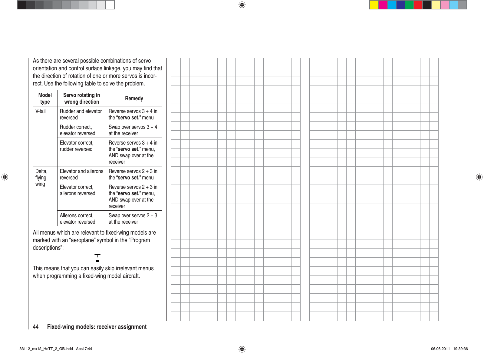 44 Fixed-wing models: receiver assignmentAs there are several possible combinations of servo orientation and control surface linkage, you may ﬁ nd that the direction of rotation of one or more servos is incor-rect. Use the following table to solve the problem.ModeltypeServo rotating in wrong direction RemedyV-tail Rudder and elevator reversedReverse servos 3 + 4 in the “servo set.” menuRudder correct, elevator reversedSwap over servos 3 + 4 at the receiverElevator correct, rudder reversedReverse servos 3 + 4 in the “servo set.” menu, AND swap over at the receiverDelta,ﬂ ying wingElevator and ailerons reversedReverse servos 2 + 3 in the “servo set.” menuElevator correct, ailerons reversedReverse servos 2 + 3 in the “servo set.” menu, AND swap over at the receiverAilerons correct, elevator reversedSwap over servos 2 + 3 at the receiverAll menus which are relevant to ﬁ xed-wing models are marked with an “aeroplane” symbol in the “Program descriptions”:This means that you can easily skip irrelevant menus when programming a ﬁ xed-wing model aircraft.33112_mx12_HoTT_2_GB.indd Abs17:4433112_mx12_HoTT_2_GB.indd   Abs17:4406.06.2011 19:39:3606.06.2011   19:39:36