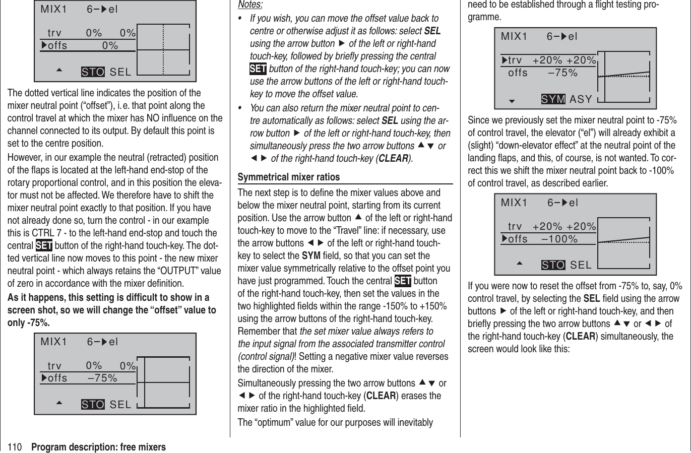 110 Program description: free mixersMIX1 6 eltrv 0% 0%0%offsSELSTOThe dotted vertical line indicates the position of the mixer neutral point (“offset”), i. e. that point along the control travel at which the mixer has NO inﬂ uence on the channel connected to its output. By default this point is set to the centre position.However, in our example the neutral (retracted) position of the ﬂ aps is located at the left-hand end-stop of the rotary proportional control, and in this position the eleva-tor must not be affected. We therefore have to shift the mixer neutral point exactly to that position. If you have not already done so, turn the control - in our example this is CTRL 7 - to the left-hand end-stop and touch the central SET button of the right-hand touch-key. The dot-ted vertical line now moves to this point - the new mixer neutral point - which always retains the “OUTPUT” value of zero in accordance with the mixer deﬁ nition.As it happens, this setting is difﬁ cult to show in a screen shot, so we will change the “offset” value to only -75%.MIX1 6 eltrv 0% 0%–75%offsSELSTONotes:If you wish, you can move the offset value back to • centre or otherwise adjust it as follows: select SEL using the arrow button f of the left or right-hand touch-key, followed by brieﬂ y pressing the central SET button of the right-hand touch-key; you can now use the arrow buttons of the left or right-hand touch-key to move the offset value.You can also return the mixer neutral point to cen-• tre automatically as follows: select SEL using the ar-row button f of the left or right-hand touch-key, then simultaneously press the two arrow buttons cd or ef of the right-hand touch-key (CLEAR).Symmetrical mixer ratiosThe next step is to deﬁ ne the mixer values above and below the mixer neutral point, starting from its current position. Use the arrow button c of the left or right-hand touch-key to move to the “Travel” line: if necessary, use the arrow buttons ef of the left or right-hand touch-key to select the SYM ﬁ eld, so that you can set the mixer value symmetrically relative to the offset point you have just programmed. Touch the central SET button of the right-hand touch-key, then set the values in the two highlighted ﬁ elds within the range -150% to +150% using the arrow buttons of the right-hand touch-key. Remember that the set mixer value always refers to the input signal from the associated transmitter control (control signal)! Setting a negative mixer value reverses the direction of the mixer.Simultaneously pressing the two arrow buttons cd or ef of the right-hand touch-key (CLEAR) erases the mixer ratio in the highlighted ﬁ eld.The “optimum” value for our purposes will inevitably need to be established through a ﬂ ight testing pro-gramme.MIX1 6 eltrv +20% +20%–75%offsASYSYMSince we previously set the mixer neutral point to -75% of control travel, the elevator (“el”) will already exhibit a (slight) “down-elevator effect” at the neutral point of the landing ﬂ aps, and this, of course, is not wanted. To cor-rect this we shift the mixer neutral point back to -100% of control travel, as described earlier.MIX1 6 eltrv +20% +20%–100%offsSELSTOIf you were now to reset the offset from -75% to, say, 0% control travel, by selecting the SEL ﬁ eld using the arrow buttons f of the left or right-hand touch-key, and then brieﬂ y pressing the two arrow buttons cd or ef of the right-hand touch-key (CLEAR) simultaneously, the screen would look like this: