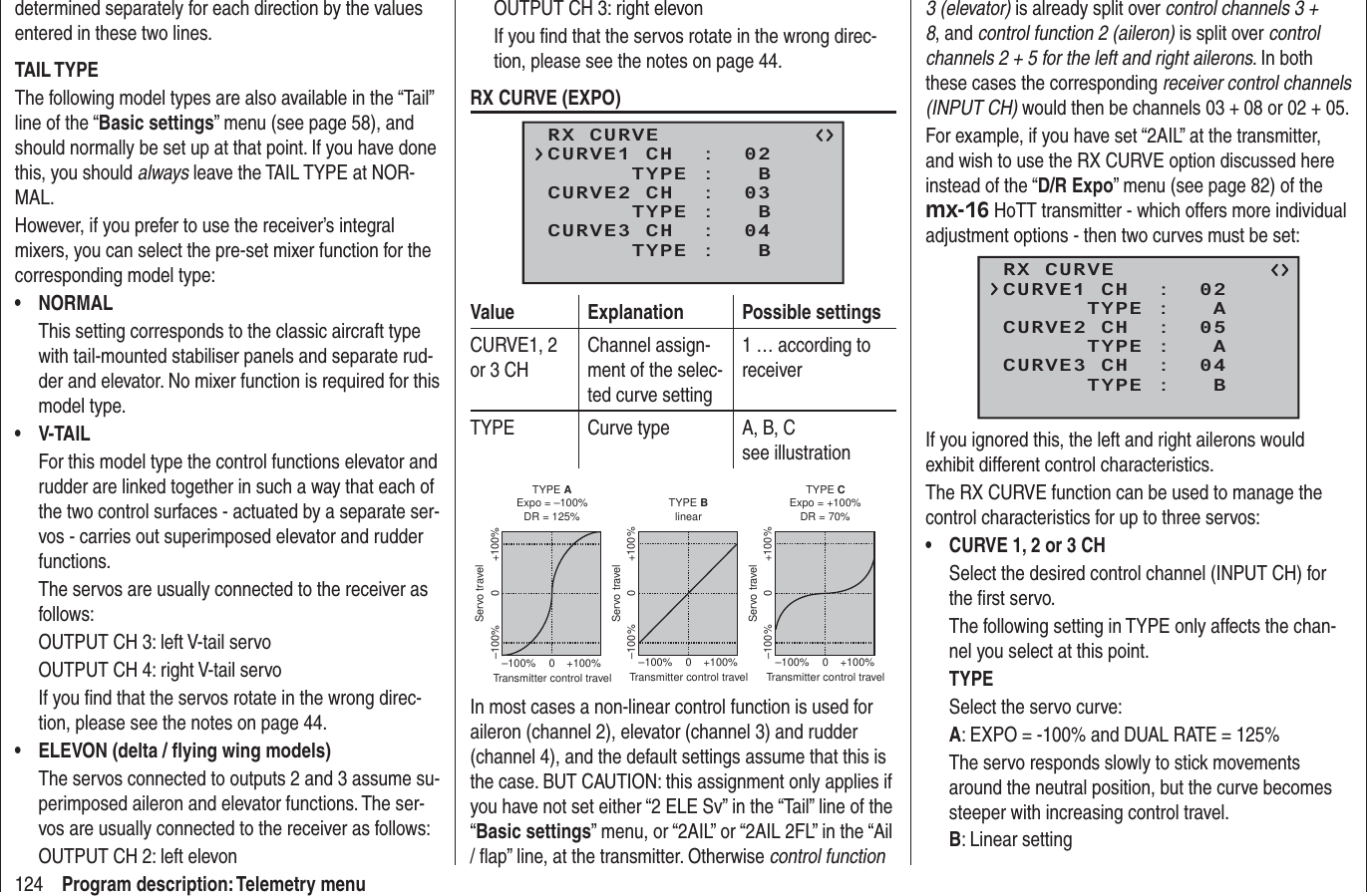 124 Program description: Telemetry menudetermined separately for each direction by the values entered in these two lines.TAIL TYPEThe following model types are also available in the “Tail” line of the “Basic settings” menu (see page 58), and should normally be set up at that point. If you have done this, you should always leave the TAIL TYPE at NOR-MAL.However, if you prefer to use the receiver’s integral mixers, you can select the pre-set mixer function for the corresponding model type:NORMAL• This setting corresponds to the classic aircraft type with tail-mounted stabiliser panels and separate rud-der and elevator. No mixer function is required for this model type.V-TAIL• For this model type the control functions elevator and rudder are linked together in such a way that each of the two control surfaces - actuated by a separate ser-vos - carries out superimposed elevator and rudder functions.The servos are usually connected to the receiver as follows:OUTPUT CH 3: left V-tail servoOUTPUT CH 4: right V-tail servoIf you ﬁ nd that the servos rotate in the wrong direc-tion, please see the notes on page 44.ELEVON (delta / ﬂ ying wing models)• The servos connected to outputs 2 and 3 assume su-perimposed aileron and elevator functions. The ser-vos are usually connected to the receiver as follows:OUTPUT CH 2: left elevonOUTPUT CH 3: right elevonIf you ﬁ nd that the servos rotate in the wrong direc-tion, please see the notes on page 44.RX CURVE (EXPO)RX CURVE      TYPE :   BCURVE1 CH  :  02      TYPE :   BCURVE2 CH  :  03      TYPE :   BCURVE3 CH  :  04Value Explanation Possible settingsCURVE1, 2 or 3 CHChannel assign-ment of the selec-ted curve setting1 … according to receiverTYPE Curve type A, B, Csee illustrationServo travelTransmitter control travelExpo = +100%–100% +100%0–100% +100%0Servo travelTransmitter control travelExpo = –100%TYPE A–100% +100%0–100% +100%0Servo travelTransmitter control travellinear–100% +100%0–100% +100%0TYPE B TYPE CDR = 125% DR = 70%In most cases a non-linear control function is used for aileron (channel 2), elevator (channel 3) and rudder (channel 4), and the default settings assume that this is the case. BUT CAUTION: this assignment only applies if you have not set either “2 ELE Sv” in the “Tail” line of the “Basic settings” menu, or “2AIL” or “2AIL 2FL” in the “Ail / ﬂ ap” line, at the transmitter. Otherwise control function 3 (elevator) is already split over control channels 3 + 8, and control function 2 (aileron) is split over control channels 2 + 5 for the left and right ailerons. In both these cases the corresponding receiver control channels (INPUT CH) would then be channels 03 + 08 or 02 + 05.For example, if you have set “2AIL” at the transmitter, and wish to use the RX CURVE option discussed here instead of the “D/R Expo” menu (see page 82) of the mx-16 HoTT transmitter - which offers more individual adjustment options - then two curves must be set:RX CURVE      TYPE :   ACURVE1 CH  :  02      TYPE :   ACURVE2 CH  :  05      TYPE :   BCURVE3 CH  :  04If you ignored this, the left and right ailerons would exhibit different control characteristics.The RX CURVE function can be used to manage the control characteristics for up to three servos:CURVE 1, 2 or 3 CH• Select the desired control channel (INPUT CH) for the ﬁ rst servo.The following setting in TYPE only affects the chan-nel you select at this point.TYPESelect the servo curve:A: EXPO = -100% and DUAL RATE = 125% The servo responds slowly to stick movements around the neutral position, but the curve becomes steeper with increasing control travel.B: Linear setting 