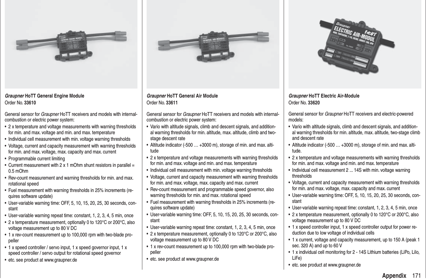171AppendixGraupner HoTT General Engine ModuleOrder No. 33610General sensor for Graupner HoTT receivers and models with internal-combustion or electric power system:2 x temperature and voltage measurements with warning thresholds •for min. and max. voltage and min. and max. temperatureIndividual cell measurement with min. voltage warning thresholds•Voltage, current and capacity measurement with warning thresholds •for min. and max. voltage, max. capacity and max. currentProgrammable current limiting•Current measurement with 2 x 1 mOhm shunt resistors in parallel = •0.5 mOhmRev-count measurement and warning thresholds for min. and max. •rotational speedFuel measurement with warning thresholds in 25% increments (re-•quires software update)User-variable warning time: OFF, 5, 10, 15, 20, 25, 30 seconds, con-•stantUser-variable warning repeat time: constant, 1, 2, 3, 4, 5 min, once•2 x temperature measurement, optionally 0 to 120°C or 200°C, also •voltage measurement up to 80 V DC1 x rev-count measurement up to 100,000 rpm with two-blade pro-•peller1 x speed controller / servo input, 1 x speed governor input, 1 x •speed controller / servo output for rotational speed governoretc. see product at www.graupner.de•Graupner HoTT General Air ModuleOrder No. 33611General sensor for Graupner HoTT receivers and models with internal-combustion or electric power system:Vario with altitude signals, climb and descent signals, and addition-•al warning thresholds for min. altitude, max. altitude, climb and two-stage descent rateAltitude indicator (-500 … +3000 m), storage of min. and max. alti-•tude2 x temperature and voltage measurements with warning thresholds •for min. and max. voltage and min. and max. temperatureIndividual cell measurement with min. voltage warning thresholds•Voltage, current and capacity measurement with warning thresholds •for min. and max. voltage, max. capacity and max. currentRev-count measurement and programmable speed governor, also •warning thresholds for min. and max. rotational speedFuel measurement with warning thresholds in 25% increments (re-•quires software update)User-variable warning time: OFF, 5, 10, 15, 20, 25, 30 seconds, con-•stantUser-variable warning repeat time: constant, 1, 2, 3, 4, 5 min, once•2 x temperature measurement, optionally 0 to 120°C or 200°C, also •voltage measurement up to 80 V DC1 x rev-count measurement up to 100,000 rpm with two-blade pro-•pelleretc. see product at www.graupner.de•Graupner HoTT Electric Air-ModuleOrder No. 33620General sensor for Graupner HoTT receivers and electric-powered models:Vario with altitude signals, climb and descent signals, and addition-•al warning thresholds for min. altitude, max. altitude, two-stage climb and descent rateAltitude indicator (-500 … +3000 m), storage of min. and max. alti-•tude.2 x temperature and voltage measurements with warning thresholds •for min. and max. voltage and min. and max. temperatureIndividual cell measurement 2 ... 14S with min. voltage warning •thresholdsVoltage, current and capacity measurement with warning thresholds •for min. and max. voltage, max. capacity and max. currentUser-variable warning time: OFF, 5, 10, 15, 20, 25, 30 seconds, con-•stantUser-variable warning repeat time: constant, 1, 2, 3, 4, 5 min, once•2 x temperature measurement, optionally 0 to 120°C or 200°C, also •voltage measurement up to 80 V DC1 x speed controller input, 1 x speed controller output for power re-•duction due to low voltage of individual cells1 x current, voltage and capacity measurement, up to 150 A (peak 1 •sec. 320 A) and up to 60 V1 x individual cell monitoring for 2 - 14S Lithium batteries (LiPo, LiIo, •LiFe)etc. see product at www.graupner.de•