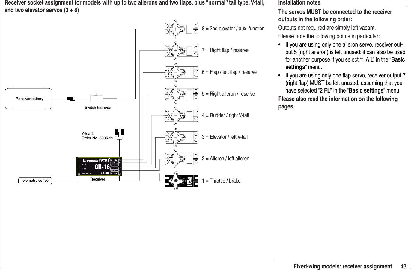 43Fixed-wing models: receiver assignmentInstallation notesThe servos MUST be connected to the receiver outputs in the following order:Outputs not required are simply left vacant.Please note the following points in particular:If you are using only one aileron servo, receiver out-•put 5 (right aileron) is left unused; it can also be used for another purpose if you select “1 AIL” in the “Basicsettings” menu.If you are using only one ﬂ ap servo, receiver output 7 •(right ﬂ ap) MUST be left unused, assuming that you have selected “2 FL” in the “Basic settings” menu.Please also read the information on the following pages.Receiver socket assignment for models with up to two ailerons and two ﬂ aps, plus “normal” tail type, V-tail, and two elevator servos (3 + 8)Servo 48 VC 577Bes Nr  4101    Receiver batterySwitch harnessTelemetry sensorY-lead,Order No. 3936.11Receiver3 = Elevator / left V-tail2 = Aileron / left aileron8 = 2nd elevator / aux. function7 = Right ﬂ ap / reserve5 = Right aileron / reserve4 = Rudder / right V-tail1 = Throttle / brake6 = Flap / left ﬂ ap / reserve