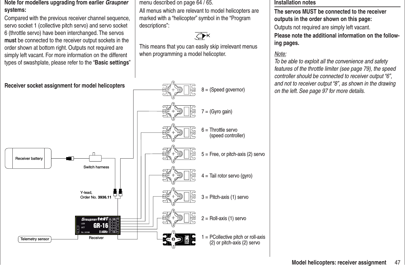 47Model helicopters: receiver assignmentReceiver socket assignment for model helicoptersNote for modellers upgrading from earlier Graupnersystems:Compared with the previous receiver channel sequence, servo socket 1 (collective pitch servo) and servo socket 6 (throttle servo) have been interchanged. The servos must be connected to the receiver output sockets in the order shown at bottom right. Outputs not required are simply left vacant. For more information on the different types of swashplate, please refer to the “Basic settings”menu described on page 64 / 65.All menus which are relevant to model helicopters are marked with a “helicopter” symbol in the “Program descriptions”:This means that you can easily skip irrelevant menus when programming a model helicopter.Installation notesThe servos MUST be connected to the receiver outputs in the order shown on this page:Outputs not required are simply left vacant.Please note the additional information on the follow-ing pages.Note:To be able to exploit all the convenience and safety features of the throttle limiter (see page 79), the speed controller should be connected to receiver output “6”, and not to receiver output “8”, as shown in the drawing on the left. See page 97 for more details.Se vo 48 VC 577Bes Nr  410    Receiver batterySwitch harnessTelemetry sensorY-lead,Order No. 3936.11Receiver 1 = PCollective pitch or roll-axis (2) or pitch-axis (2) servo2 = Roll-axis (1) servo3 = Pitch-axis (1) servo5 = Free, or pitch-axis (2) servo4 = Tail rotor servo (gyro)6 = Throttle servo (speed controller)7 = (Gyro gain)8 = (Speed governor)