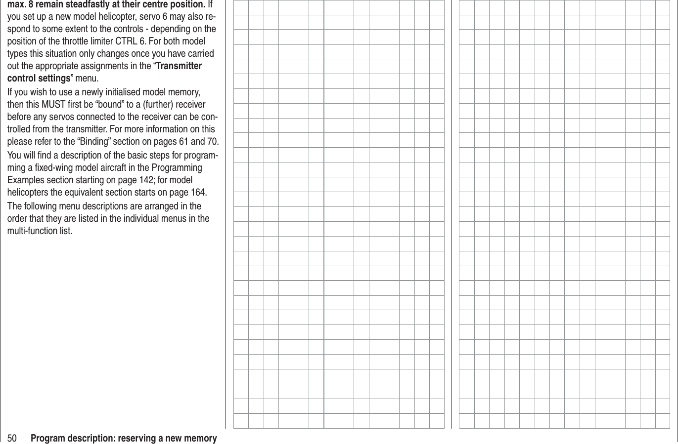 50 Program description: reserving a new memorymax. 8 remain steadfastly at their centre position. If you set up a new model helicopter, servo 6 may also re-spond to some extent to the controls - depending on the position of the throttle limiter CTRL 6. For both model types this situation only changes once you have carried out the appropriate assignments in the “Transmitter control settings” menu.If you wish to use a newly initialised model memory, then this MUST ﬁ rst be “bound” to a (further) receiver before any servos connected to the receiver can be con-trolled from the transmitter. For more information on this please refer to the “Binding” section on pages 61 and 70.You will ﬁ nd a description of the basic steps for program-ming a ﬁ xed-wing model aircraft in the Programming Examples section starting on page 142; for model helicopters the equivalent section starts on page 164.The following menu descriptions are arranged in the order that they are listed in the individual menus in the multi-function list.