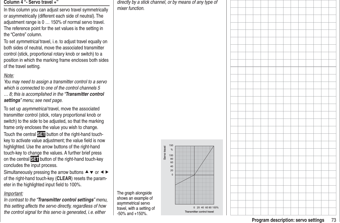 73Program description: servo settingsColumn 4 “- Servo travel +”In this column you can adjust servo travel symmetrically or asymmetrically (different each side of neutral). The adjustment range is 0 … 150% of normal servo travel. The reference point for the set values is the setting in the “Centre” column.To set symmetrical travel, i. e. to adjust travel equally on both sides of neutral, move the associated transmitter control (stick, proportional rotary knob or switch) to a position in which the marking frame encloses both sides of the travel setting.Note:You may need to assign a transmitter control to a servo which is connected to one of the control channels 5 … 8; this is accomplished in the “Transmitter control settings” menu; see next page.To set up asymmetrical travel, move the associated transmitter control (stick, rotary proportional knob or switch) to the side to be adjusted, so that the marking frame only encloses the value you wish to change.Touch the central SET button of the right-hand touch-key to activate value adjustment; the value ﬁ eld is now highlighted. Use the arrow buttons of the right-hand touch-key to change the values. A further brief press on the central SET button of the right-hand touch-key concludes the input process.Simultaneously pressing the arrow buttons cd or efof the right-hand touch-key (CLEAR) resets the param-eter in the highlighted input ﬁ eld to 100%.Important:In contrast to the “Transmitter control settings” menu, this setting affects the servo directly, regardless of how the control signal for this servo is generated, i. e. either The graph alongside shows an example of asymmetrical servo travel, with a setting of -50% and +150%. Transmitter control travelServo traveldirectly by a stick channel, or by means of any type of mixer function.