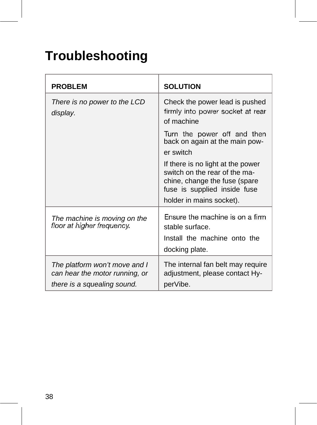   Troubleshooting  PROBLEM SOLUTION       There is no power to the LCD Check the power lead is pushed  display. of machine    back on again at the main pow-   er switch   If there is no light at the power   switch on the rear of the ma-   chine, change the fuse (spare   fuse  is  supplied  inside  fuse   holder in mains socket).    The machine is moving on the stable surface.    Install  the  machine  onto  the   docking plate.       The platform won’t move and I The internal fan belt may require  can hear the motor running, or adjustment, please contact Hy-  there is a squealing sound. perVibe.                      38 