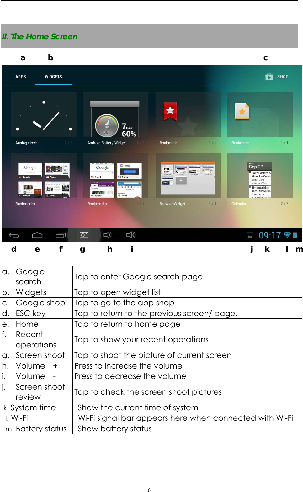   ６ II. The Home Screen     a. Google search  Tap to enter Google search page b. Widgets    Tap to open widget list   c. Google shop  Tap to go to the app shop   d. ESC key  Tap to return to the previous screen/ page.   e. Home  Tap to return to home page f. Recent operations  Tap to show your recent operations g. Screen shoot  Tap to shoot the picture of current screen h. Volume  +  Press to increase the volume i. Volume    -  Press to decrease the volume j. Screen shoot review  Tap to check the screen shoot pictures k. System time Show the current time of system   l. Wi-Fi Wi-Fi signal bar appears here when connected with Wi-Fi m. Battery status Show battery status a     b  c  d    e     f    g     h   i                           j   k   l  m