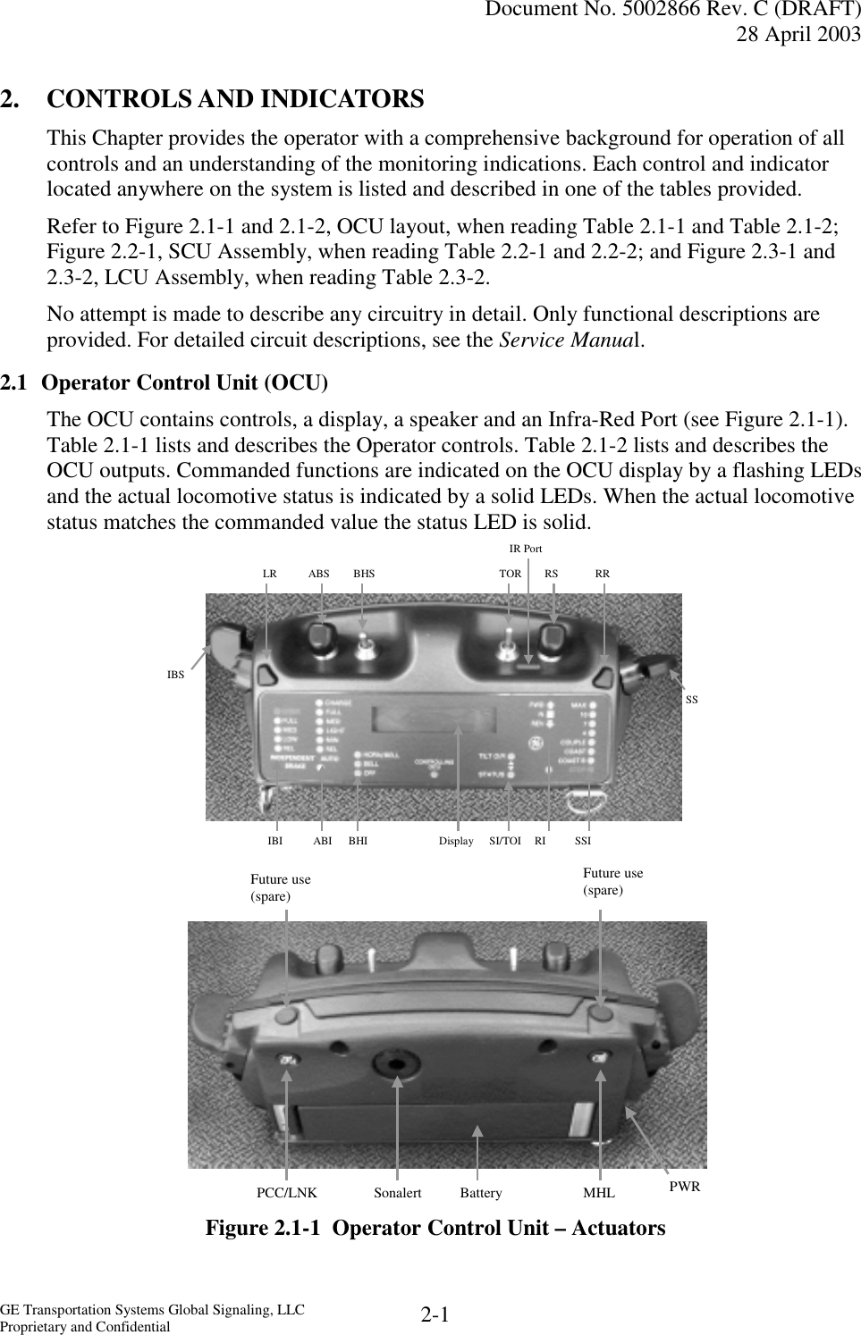   Document No. 5002866 Rev. C (DRAFT) 28 April 2003  GE Transportation Systems Global Signaling, LLC Proprietary and Confidential  2-1 2. CONTROLS AND INDICATORS This Chapter provides the operator with a comprehensive background for operation of all controls and an understanding of the monitoring indications. Each control and indicator located anywhere on the system is listed and described in one of the tables provided. Refer to Figure 2.1-1 and 2.1-2, OCU layout, when reading Table 2.1-1 and Table 2.1-2; Figure 2.2-1, SCU Assembly, when reading Table 2.2-1 and 2.2-2; and Figure 2.3-1 and 2.3-2, LCU Assembly, when reading Table 2.3-2. No attempt is made to describe any circuitry in detail. Only functional descriptions are provided. For detailed circuit descriptions, see the Service Manual. 2.1  Operator Control Unit (OCU) The OCU contains controls, a display, a speaker and an Infra-Red Port (see Figure 2.1-1). Table 2.1-1 lists and describes the Operator controls. Table 2.1-2 lists and describes the OCU outputs. Commanded functions are indicated on the OCU display by a flashing LEDs and the actual locomotive status is indicated by a solid LEDs. When the actual locomotive status matches the commanded value the status LED is solid.                   Figure 2.1-1  Operator Control Unit – ActuatorsFuture use(spare)BatterySonalert MHL PWRPCC/LNKFuture use(spare)  LR IBS ABI BHS ABS BHI IR Port SS RS RR IBI TOR Display SSI RI SI/TOI  