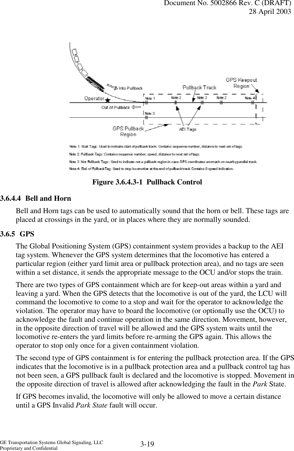   Document No. 5002866 Rev. C (DRAFT) 28 April 2003  GE Transportation Systems Global Signaling, LLC Proprietary and Confidential  3-19             Figure 3.6.4.3-1  Pullback Control 3.6.4.4  Bell and Horn Bell and Horn tags can be used to automatically sound that the horn or bell. These tags are placed at crossings in the yard, or in places where they are normally sounded. 3.6.5 GPS The Global Positioning System (GPS) containment system provides a backup to the AEI tag system. Whenever the GPS system determines that the locomotive has entered a particular region (either yard limit area or pullback protection area), and no tags are seen within a set distance, it sends the appropriate message to the OCU and/or stops the train. There are two types of GPS containment which are for keep-out areas within a yard and leaving a yard. When the GPS detects that the locomotive is out of the yard, the LCU will command the locomotive to come to a stop and wait for the operator to acknowledge the violation. The operator may have to board the locomotive (or optionally use the OCU) to acknowledge the fault and continue operation in the same direction. Movement, however, in the opposite direction of travel will be allowed and the GPS system waits until the locomotive re-enters the yard limits before re-arming the GPS again. This allows the operator to stop only once for a given containment violation. The second type of GPS containment is for entering the pullback protection area. If the GPS indicates that the locomotive is in a pullback protection area and a pullback control tag has not been seen, a GPS pullback fault is declared and the locomotive is stopped. Movement in the opposite direction of travel is allowed after acknowledging the fault in the Park State. If GPS becomes invalid, the locomotive will only be allowed to move a certain distance until a GPS Invalid Park State fault will occur. 