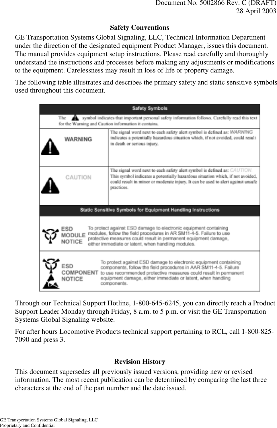   Document No. 5002866 Rev. C (DRAFT) 28 April 2003  GE Transportation Systems Global Signaling, LLC Proprietary and Confidential Safety Conventions GE Transportation Systems Global Signaling, LLC, Technical Information Department under the direction of the designated equipment Product Manager, issues this document. The manual provides equipment setup instructions. Please read carefully and thoroughly understand the instructions and processes before making any adjustments or modifications to the equipment. Carelessness may result in loss of life or property damage.  The following table illustrates and describes the primary safety and static sensitive symbols used throughout this document.                    Through our Technical Support Hotline, 1-800-645-6245, you can directly reach a Product Support Leader Monday through Friday, 8 a.m. to 5 p.m. or visit the GE Transportation Systems Global Signaling website. For after hours Locomotive Products technical support pertaining to RCL, call 1-800-825-7090 and press 3.  Revision History This document supersedes all previously issued versions, providing new or revised information. The most recent publication can be determined by comparing the last three characters at the end of the part number and the date issued.   