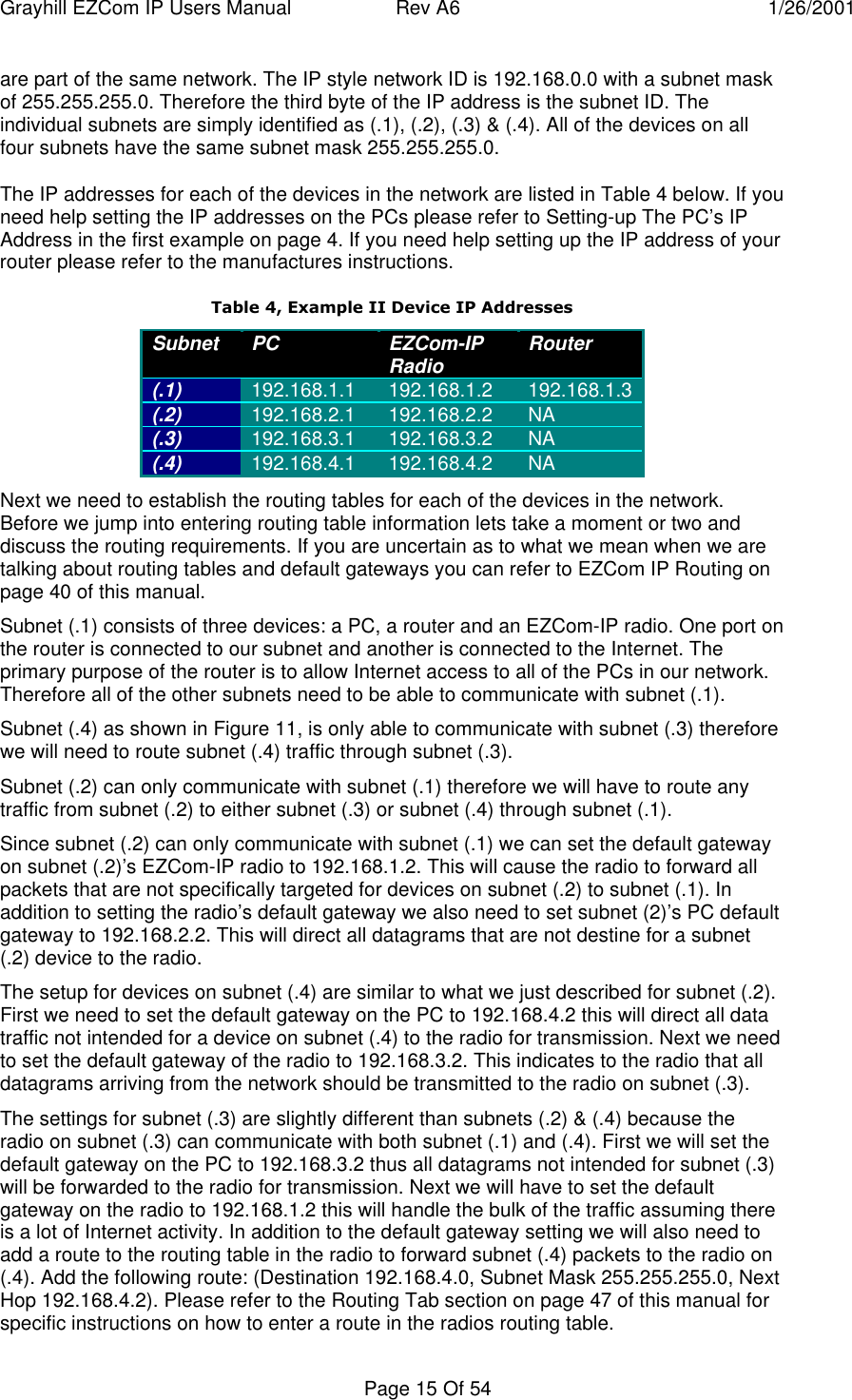 Grayhill EZCom IP Users Manual Rev A6 1/26/2001Page 15 Of 54are part of the same network. The IP style network ID is 192.168.0.0 with a subnet maskof 255.255.255.0. Therefore the third byte of the IP address is the subnet ID. Theindividual subnets are simply identified as (.1), (.2), (.3) & (.4). All of the devices on allfour subnets have the same subnet mask 255.255.255.0.The IP addresses for each of the devices in the network are listed in Table 4 below. If youneed help setting the IP addresses on the PCs please refer to Setting-up The PC’s IPAddress in the first example on page 4. If you need help setting up the IP address of yourrouter please refer to the manufactures instructions.Table 4, Example II Device IP AddressesSubnet PC EZCom-IPRadio Router(.1) 192.168.1.1 192.168.1.2 192.168.1.3(.2) 192.168.2.1 192.168.2.2 NA(.3) 192.168.3.1 192.168.3.2 NA(.4) 192.168.4.1 192.168.4.2 NANext we need to establish the routing tables for each of the devices in the network.Before we jump into entering routing table information lets take a moment or two anddiscuss the routing requirements. If you are uncertain as to what we mean when we aretalking about routing tables and default gateways you can refer to EZCom IP Routing onpage 40 of this manual.Subnet (.1) consists of three devices: a PC, a router and an EZCom-IP radio. One port onthe router is connected to our subnet and another is connected to the Internet. Theprimary purpose of the router is to allow Internet access to all of the PCs in our network.Therefore all of the other subnets need to be able to communicate with subnet (.1).Subnet (.4) as shown in Figure 11, is only able to communicate with subnet (.3) thereforewe will need to route subnet (.4) traffic through subnet (.3).Subnet (.2) can only communicate with subnet (.1) therefore we will have to route anytraffic from subnet (.2) to either subnet (.3) or subnet (.4) through subnet (.1).Since subnet (.2) can only communicate with subnet (.1) we can set the default gatewayon subnet (.2)’s EZCom-IP radio to 192.168.1.2. This will cause the radio to forward allpackets that are not specifically targeted for devices on subnet (.2) to subnet (.1). Inaddition to setting the radio’s default gateway we also need to set subnet (2)’s PC defaultgateway to 192.168.2.2. This will direct all datagrams that are not destine for a subnet(.2) device to the radio.The setup for devices on subnet (.4) are similar to what we just described for subnet (.2).First we need to set the default gateway on the PC to 192.168.4.2 this will direct all datatraffic not intended for a device on subnet (.4) to the radio for transmission. Next we needto set the default gateway of the radio to 192.168.3.2. This indicates to the radio that alldatagrams arriving from the network should be transmitted to the radio on subnet (.3).The settings for subnet (.3) are slightly different than subnets (.2) & (.4) because theradio on subnet (.3) can communicate with both subnet (.1) and (.4). First we will set thedefault gateway on the PC to 192.168.3.2 thus all datagrams not intended for subnet (.3)will be forwarded to the radio for transmission. Next we will have to set the defaultgateway on the radio to 192.168.1.2 this will handle the bulk of the traffic assuming thereis a lot of Internet activity. In addition to the default gateway setting we will also need toadd a route to the routing table in the radio to forward subnet (.4) packets to the radio on(.4). Add the following route: (Destination 192.168.4.0, Subnet Mask 255.255.255.0, NextHop 192.168.4.2). Please refer to the Routing Tab section on page 47 of this manual forspecific instructions on how to enter a route in the radios routing table.