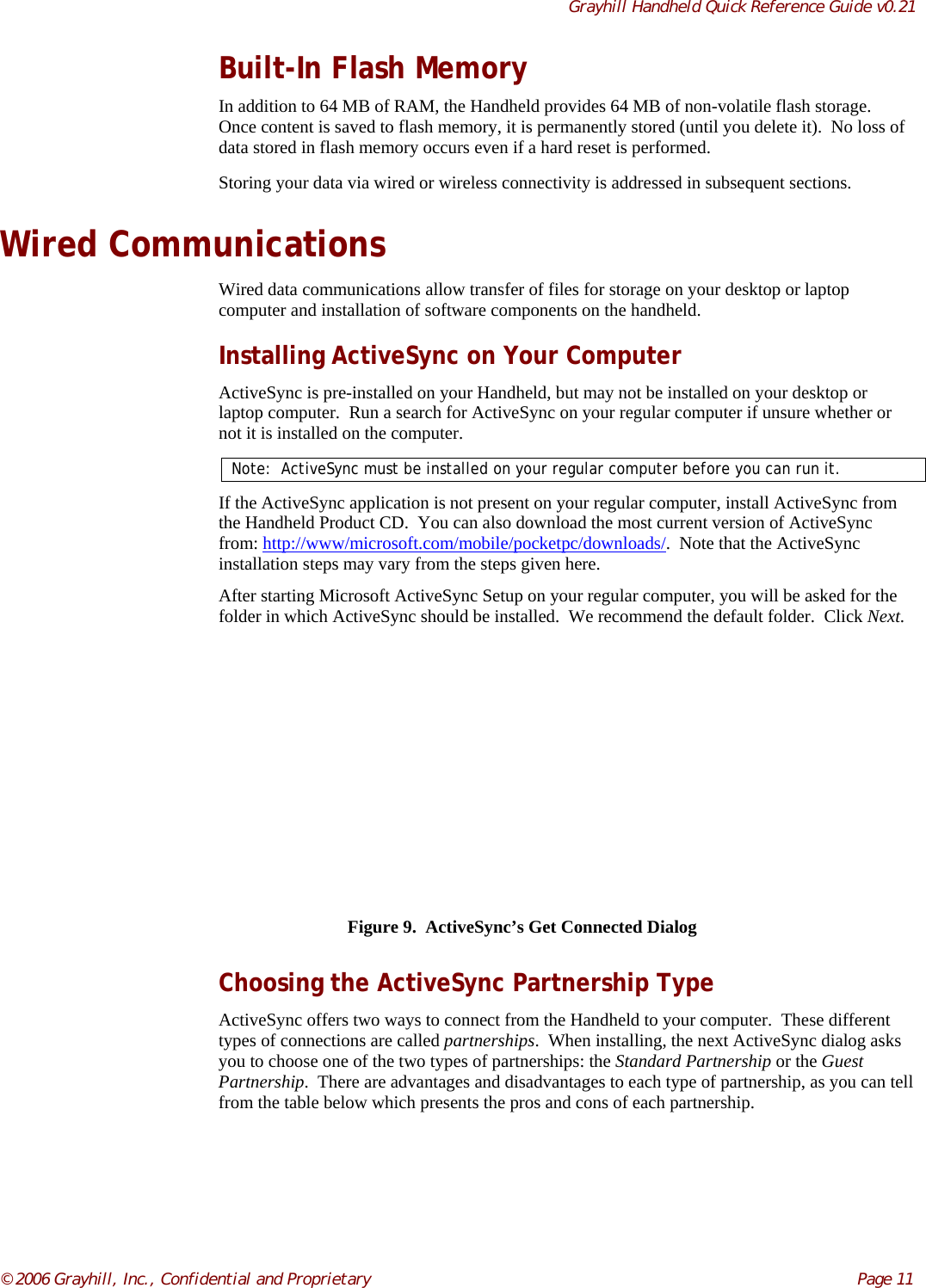 Grayhill Handheld Quick Reference Guide v0.21© 2006 Grayhill, Inc., Confidential and Proprietary     Page 11Built-In Flash MemoryIn addition to 64 MB of RAM, the Handheld provides 64 MB of non-volatile flash storage.Once content is saved to flash memory, it is permanently stored (until you delete it).  No loss ofdata stored in flash memory occurs even if a hard reset is performed.Storing your data via wired or wireless connectivity is addressed in subsequent sections.Wired CommunicationsWired data communications allow transfer of files for storage on your desktop or laptopcomputer and installation of software components on the handheld.Installing ActiveSync on Your ComputerActiveSync is pre-installed on your Handheld, but may not be installed on your desktop orlaptop computer.  Run a search for ActiveSync on your regular computer if unsure whether ornot it is installed on the computer.Note:  ActiveSync must be installed on your regular computer before you can run it.If the ActiveSync application is not present on your regular computer, install ActiveSync fromthe Handheld Product CD.  You can also download the most current version of ActiveSyncfrom: http://www/microsoft.com/mobile/pocketpc/downloads/.  Note that the ActiveSyncinstallation steps may vary from the steps given here.After starting Microsoft ActiveSync Setup on your regular computer, you will be asked for thefolder in which ActiveSync should be installed.  We recommend the default folder.  Click Next.Figure 9.  ActiveSync’s Get Connected DialogChoosing the ActiveSync Partnership TypeActiveSync offers two ways to connect from the Handheld to your computer.  These differenttypes of connections are called partnerships.  When installing, the next ActiveSync dialog asksyou to choose one of the two types of partnerships: the Standard Partnership or the GuestPartnership.  There are advantages and disadvantages to each type of partnership, as you can tellfrom the table below which presents the pros and cons of each partnership.