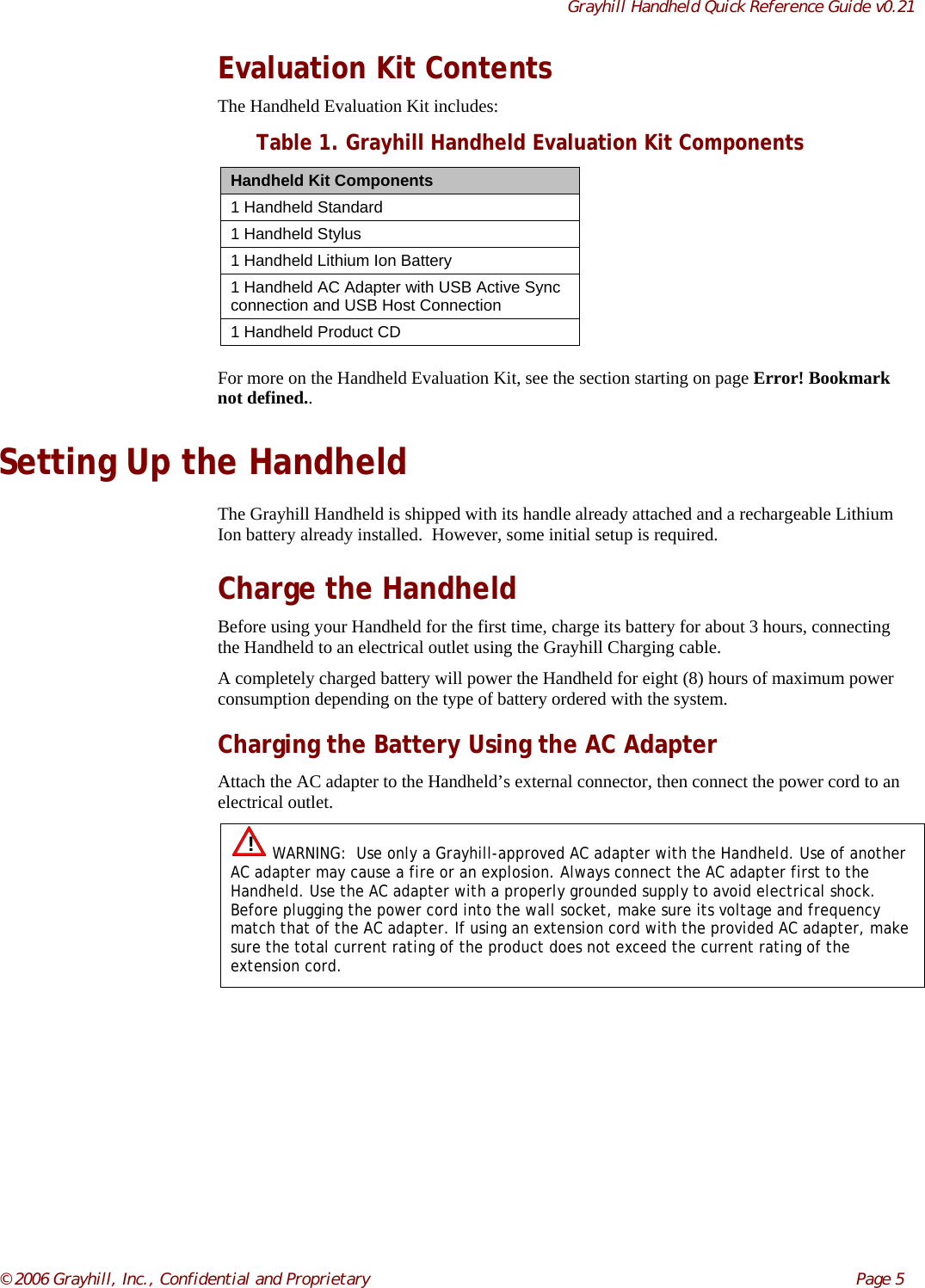 Grayhill Handheld Quick Reference Guide v0.21© 2006 Grayhill, Inc., Confidential and Proprietary     Page 5Evaluation Kit ContentsThe Handheld Evaluation Kit includes:Table 1. Grayhill Handheld Evaluation Kit ComponentsHandheld Kit Components1 Handheld Standard1 Handheld Stylus1 Handheld Lithium Ion Battery1 Handheld AC Adapter with USB Active Syncconnection and USB Host Connection1 Handheld Product CDFor more on the Handheld Evaluation Kit, see the section starting on page Error! Bookmarknot defined..Setting Up the HandheldThe Grayhill Handheld is shipped with its handle already attached and a rechargeable LithiumIon battery already installed.  However, some initial setup is required.Charge the HandheldBefore using your Handheld for the first time, charge its battery for about 3 hours, connectingthe Handheld to an electrical outlet using the Grayhill Charging cable.A completely charged battery will power the Handheld for eight (8) hours of maximum powerconsumption depending on the type of battery ordered with the system.Charging the Battery Using the AC AdapterAttach the AC adapter to the Handheld’s external connector, then connect the power cord to anelectrical outlet.! WARNING:  Use only a Grayhill-approved AC adapter with the Handheld. Use of anotherAC adapter may cause a fire or an explosion. Always connect the AC adapter first to theHandheld. Use the AC adapter with a properly grounded supply to avoid electrical shock.Before plugging the power cord into the wall socket, make sure its voltage and frequencymatch that of the AC adapter. If using an extension cord with the provided AC adapter, makesure the total current rating of the product does not exceed the current rating of theextension cord.