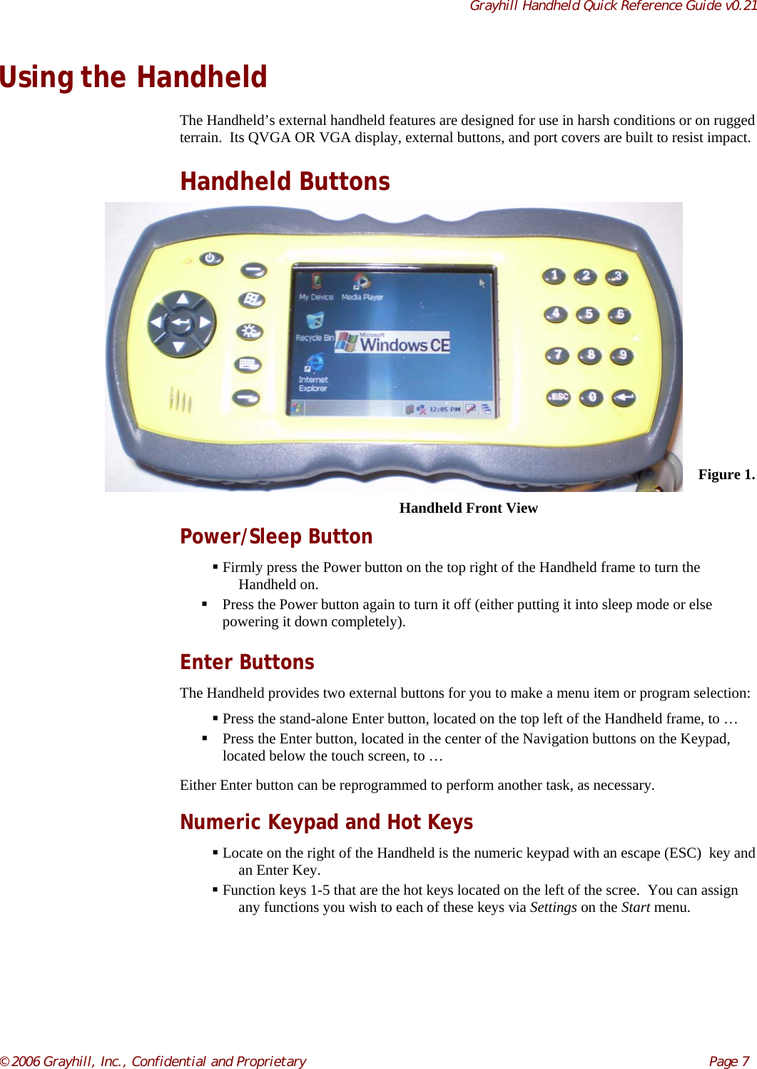 Grayhill Handheld Quick Reference Guide v0.21© 2006 Grayhill, Inc., Confidential and Proprietary     Page 7Using the HandheldThe Handheld’s external handheld features are designed for use in harsh conditions or on ruggedterrain.  Its QVGA OR VGA display, external buttons, and port covers are built to resist impact.Handheld ButtonsFigure 1.Handheld Front ViewPower/Sleep Button Firmly press the Power button on the top right of the Handheld frame to turn theHandheld on. Press the Power button again to turn it off (either putting it into sleep mode or elsepowering it down completely).Enter ButtonsThe Handheld provides two external buttons for you to make a menu item or program selection: Press the stand-alone Enter button, located on the top left of the Handheld frame, to … Press the Enter button, located in the center of the Navigation buttons on the Keypad,located below the touch screen, to …Either Enter button can be reprogrammed to perform another task, as necessary.Numeric Keypad and Hot Keys Locate on the right of the Handheld is the numeric keypad with an escape (ESC)  key andan Enter Key. Function keys 1-5 that are the hot keys located on the left of the scree.  You can assignany functions you wish to each of these keys via Settings on the Start menu.