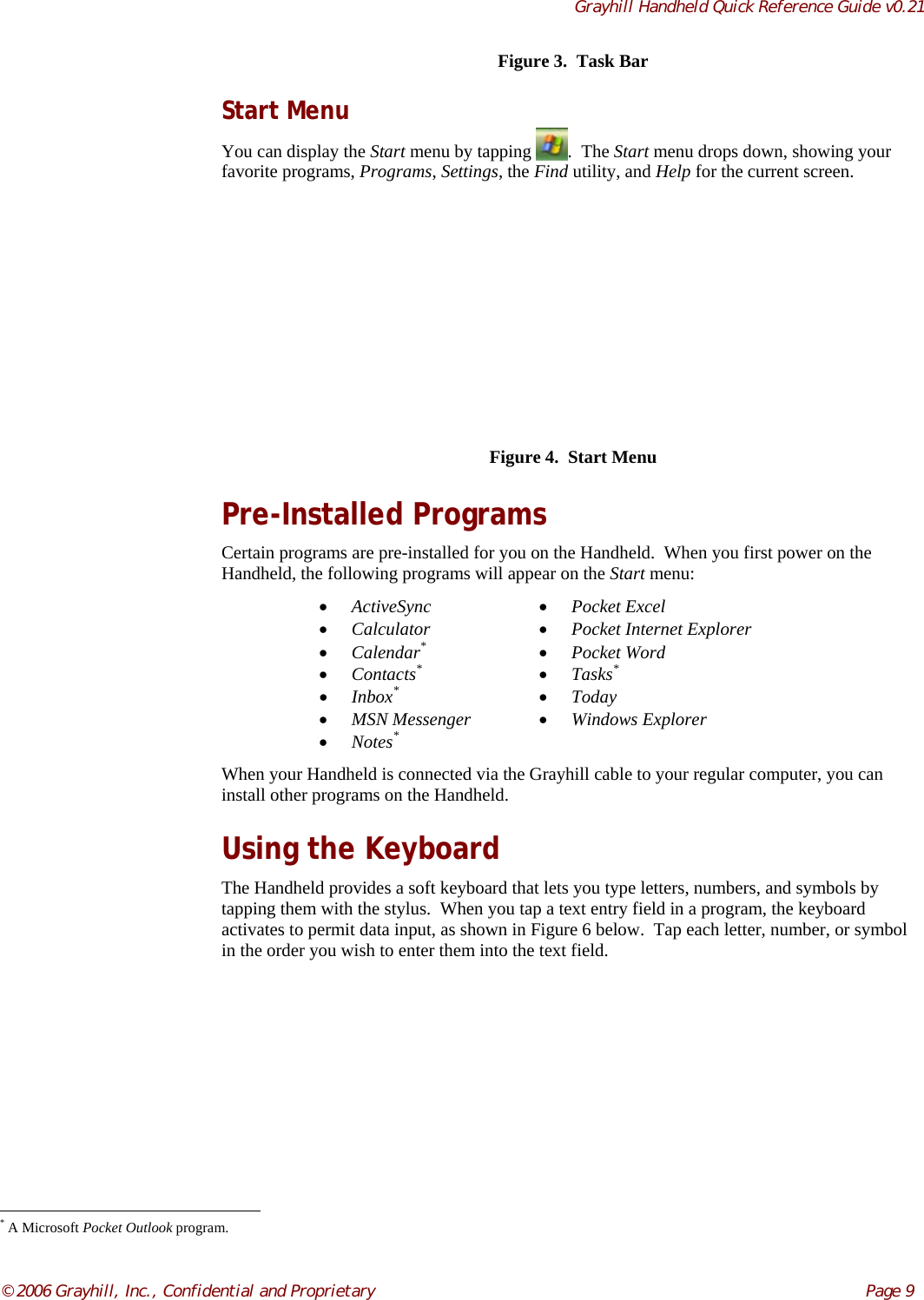 Grayhill Handheld Quick Reference Guide v0.21© 2006 Grayhill, Inc., Confidential and Proprietary     Page 9Figure 3.  Task BarStart MenuYou can display the Start menu by tapping  .  The Start menu drops down, showing yourfavorite programs, Programs, Settings, the Find utility, and Help for the current screen.Figure 4.  Start MenuPre-Installed ProgramsCertain programs are pre-installed for you on the Handheld.  When you first power on theHandheld, the following programs will appear on the Start menu:• ActiveSync • Pocket Excel• Calculator • Pocket Internet Explorer• Calendar*• Pocket Word• Contacts*• Tasks*• Inbox*• Today• MSN Messenger • Windows Explorer• Notes*When your Handheld is connected via the Grayhill cable to your regular computer, you caninstall other programs on the Handheld.Using the KeyboardThe Handheld provides a soft keyboard that lets you type letters, numbers, and symbols bytapping them with the stylus.  When you tap a text entry field in a program, the keyboardactivates to permit data input, as shown in Figure 6 below.  Tap each letter, number, or symbolin the order you wish to enter them into the text field.                                                          * A Microsoft Pocket Outlook program.