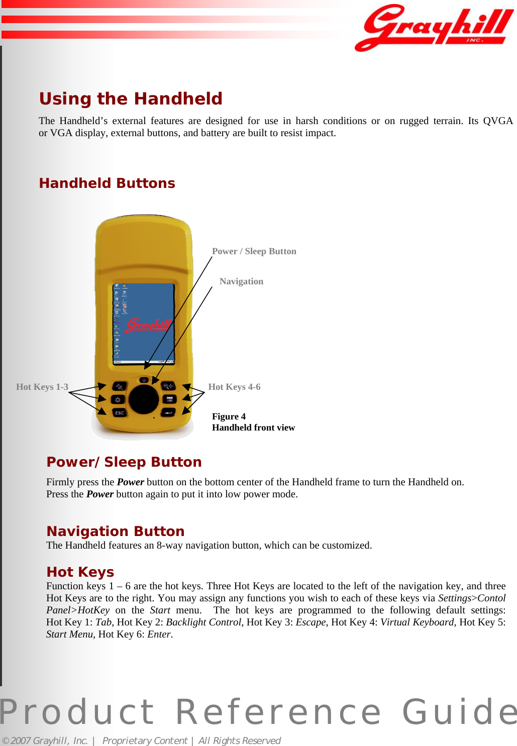 Product Reference Guide© 2007 Grayhill, Inc. |  Proprietary Content | All Rights ReservedUsing the HandheldThe Handheld’s external features are designed for use in harsh conditions or on rugged terrain. Its QVGAor VGA display, external buttons, and battery are built to resist impact.Handheld ButtonsPower/Sleep ButtonFirmly press the Power button on the bottom center of the Handheld frame to turn the Handheld on.Press the Power button again to put it into low power mode.Navigation ButtonThe Handheld features an 8-way navigation button, which can be customized.Hot KeysFunction keys 1 – 6 are the hot keys. Three Hot Keys are located to the left of the navigation key, and threeHot Keys are to the right. You may assign any functions you wish to each of these keys via Settings&gt;ContolPanel&gt;HotKey on the Start menu.  The hot keys are programmed to the following default settings:Hot Key 1: Tab, Hot Key 2: Backlight Control, Hot Key 3: Escape, Hot Key 4: Virtual Keyboard, Hot Key 5:Start Menu, Hot Key 6: Enter.Figure 4Handheld front view7Power / Sleep ButtonNavigationHot Keys 4-6Hot Keys 1-3