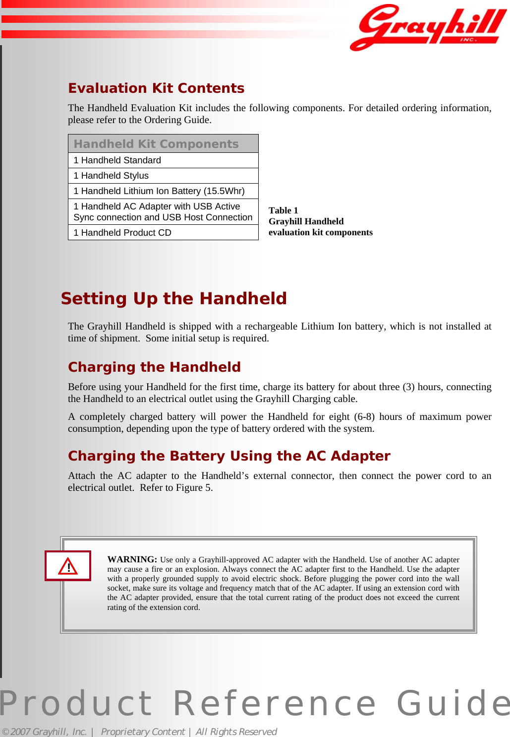 Product Reference Guide© 2007 Grayhill, Inc. |  Proprietary Content | All Rights ReservedEvaluation Kit ContentsThe Handheld Evaluation Kit includes the following components. For detailed ordering information,please refer to the Ordering Guide.Handheld Kit Components1 Handheld Standard1 Handheld Stylus1 Handheld Lithium Ion Battery (15.5Whr)1 Handheld AC Adapter with USB ActiveSync connection and USB Host Connection1 Handheld Product CDSetting Up the HandheldThe Grayhill Handheld is shipped with a rechargeable Lithium Ion battery, which is not installed attime of shipment.  Some initial setup is required.Charging the HandheldBefore using your Handheld for the first time, charge its battery for about three (3) hours, connectingthe Handheld to an electrical outlet using the Grayhill Charging cable.A completely charged battery will power the Handheld for eight (6-8) hours of maximum powerconsumption, depending upon the type of battery ordered with the system.Charging the Battery Using the AC AdapterAttach the AC adapter to the Handheld’s external connector, then connect the power cord to anelectrical outlet.  Refer to Figure 5.WARNING: Use only a Grayhill-approved AC adapter with the Handheld. Use of another AC adaptermay cause a fire or an explosion. Always connect the AC adapter first to the Handheld. Use the adapterwith a properly grounded supply to avoid electric shock. Before plugging the power cord into the wallsocket, make sure its voltage and frequency match that of the AC adapter. If using an extension cord withthe AC adapter provided, ensure that the total current rating of the product does not exceed the currentrating of the extension cord.!Table 1Grayhill Handheldevaluation kit components4
