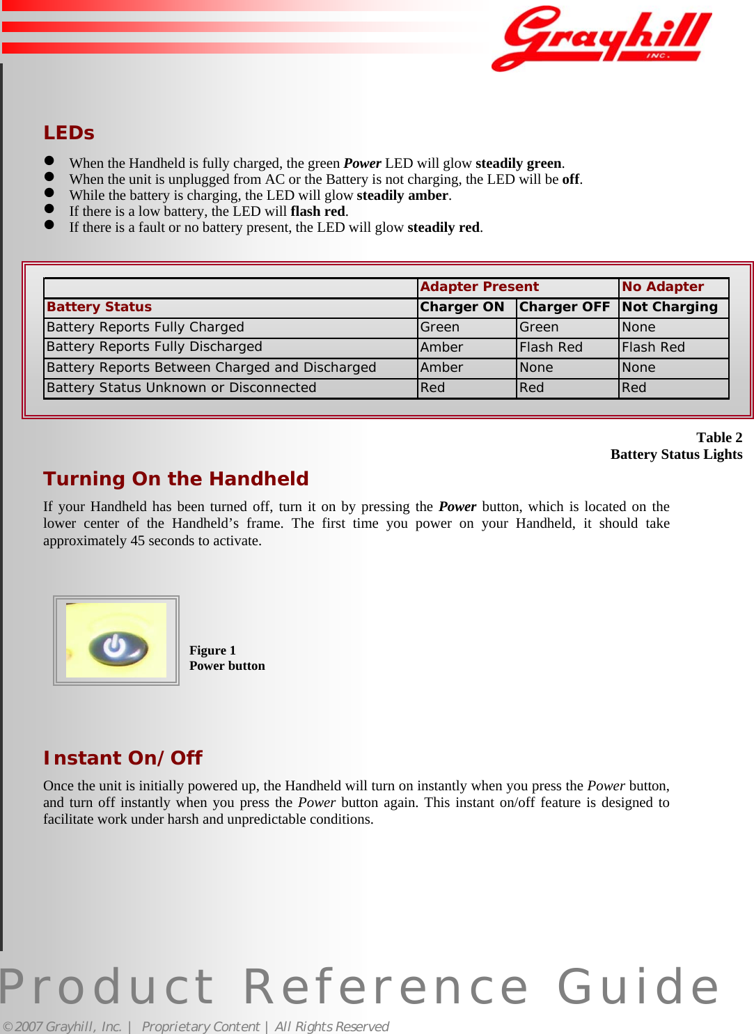 Product Reference Guide© 2007 Grayhill, Inc. |  Proprietary Content | All Rights ReservedLEDs• When the Handheld is fully charged, the green Power LED will glow steadily green.• When the unit is unplugged from AC or the Battery is not charging, the LED will be off.• While the battery is charging, the LED will glow steadily amber.• If there is a low battery, the LED will flash red.• If there is a fault or no battery present, the LED will glow steadily red.No AdapterBattery Status Charger ON Charger OFF Not ChargingBattery Reports Fully Charged Green Green NoneBattery Reports Fully Discharged Amber Flash Red Flash RedBattery Reports Between Charged and Discharged Amber None NoneBattery Status Unknown or Disconnected Red Red RedAdapter PresentTurning On the HandheldIf your Handheld has been turned off, turn it on by pressing the Power button, which is located on thelower center of the Handheld’s frame. The first time you power on your Handheld, it should takeapproximately 45 seconds to activate.Instant On/OffOnce the unit is initially powered up, the Handheld will turn on instantly when you press the Power button,and turn off instantly when you press the Power button again. This instant on/off feature is designed tofacilitate work under harsh and unpredictable conditions.Figure 1Power buttonTable 2Battery Status Lights5