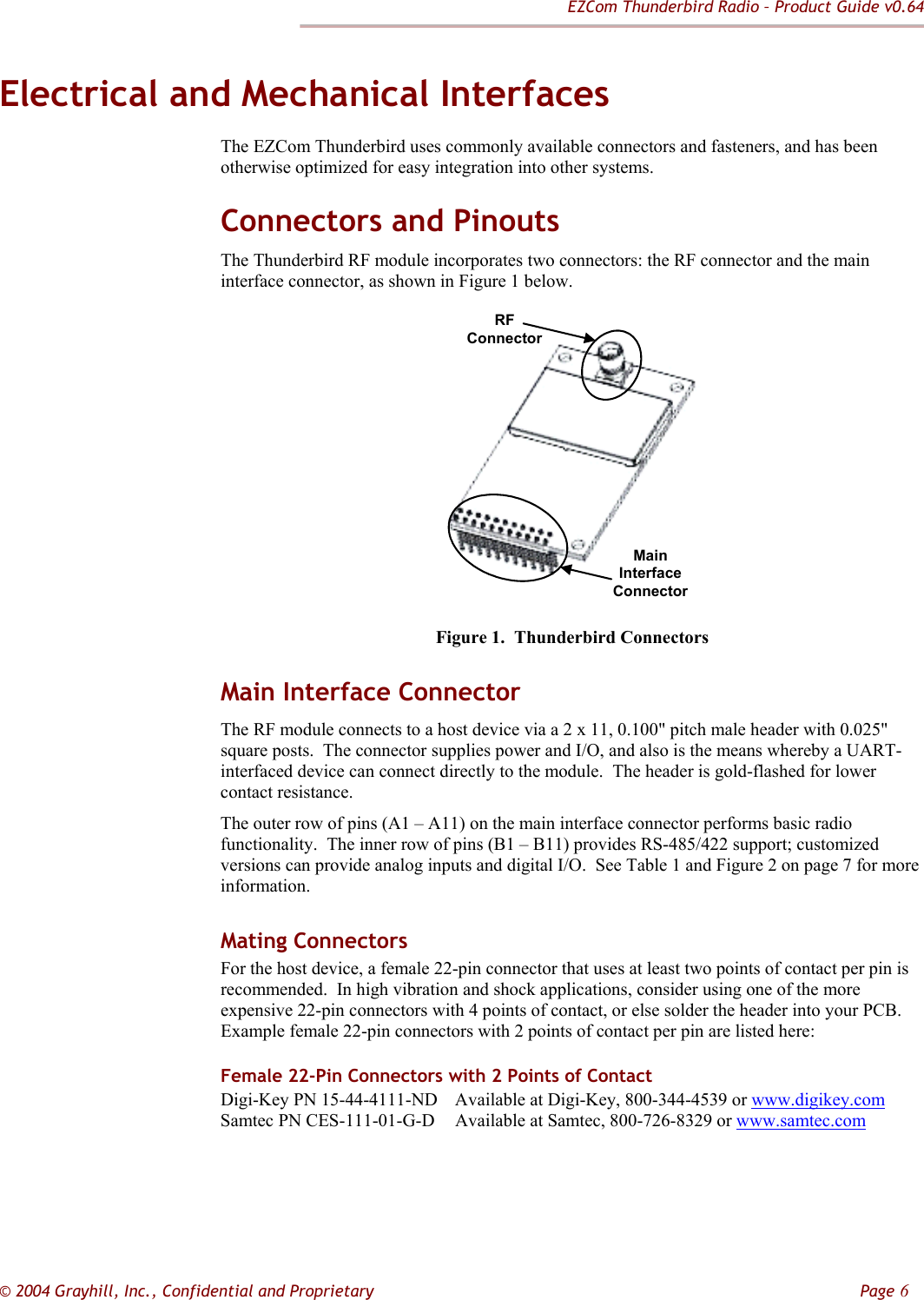 EZCom Thunderbird Radio – Product Guide v0.64  © 2004 Grayhill, Inc., Confidential and Proprietary         Page 6 Electrical and Mechanical Interfaces The EZCom Thunderbird uses commonly available connectors and fasteners, and has been otherwise optimized for easy integration into other systems. Connectors and Pinouts The Thunderbird RF module incorporates two connectors: the RF connector and the main interface connector, as shown in Figure 1 below.  MainInterfaceConnectorRF Connector Figure 1.  Thunderbird Connectors Main Interface Connector The RF module connects to a host device via a 2 x 11, 0.100&quot; pitch male header with 0.025&quot; square posts.  The connector supplies power and I/O, and also is the means whereby a UART-interfaced device can connect directly to the module.  The header is gold-flashed for lower contact resistance.   The outer row of pins (A1 – A11) on the main interface connector performs basic radio functionality.  The inner row of pins (B1 – B11) provides RS-485/422 support; customized versions can provide analog inputs and digital I/O.  See Table 1 and Figure 2 on page 7 for more information. Mating Connectors For the host device, a female 22-pin connector that uses at least two points of contact per pin is recommended.  In high vibration and shock applications, consider using one of the more expensive 22-pin connectors with 4 points of contact, or else solder the header into your PCB.  Example female 22-pin connectors with 2 points of contact per pin are listed here: Female 22-Pin Connectors with 2 Points of Contact Digi-Key PN 15-44-4111-ND  Available at Digi-Key, 800-344-4539 or www.digikey.com Samtec PN CES-111-01-G-D  Available at Samtec, 800-726-8329 or www.samtec.com              