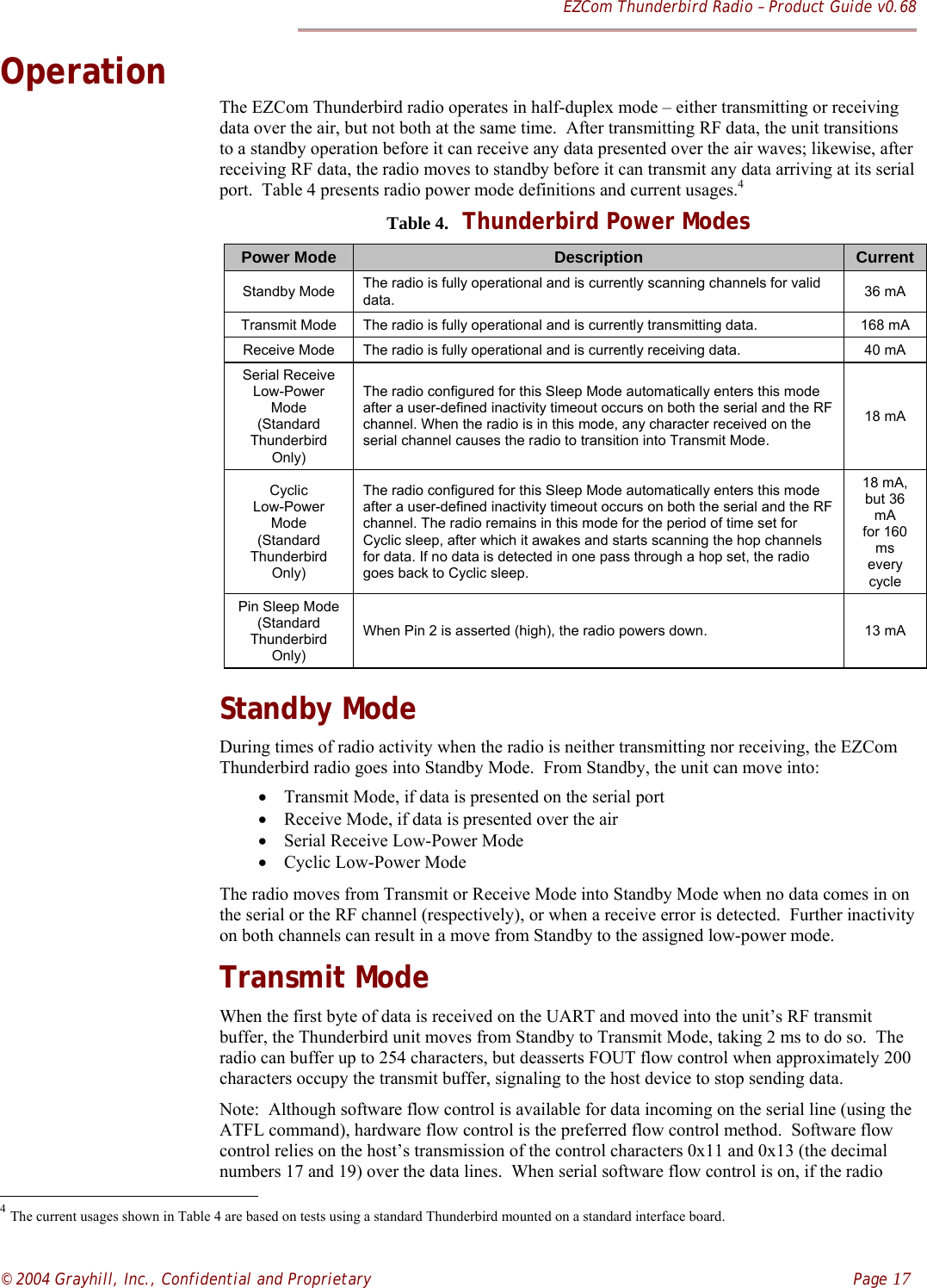 EZCom Thunderbird Radio – Product Guide v0.68© 2004 Grayhill, Inc., Confidential and Proprietary    Page 17OperationThe EZCom Thunderbird radio operates in half-duplex mode – either transmitting or receivingdata over the air, but not both at the same time.  After transmitting RF data, the unit transitionsto a standby operation before it can receive any data presented over the air waves; likewise, afterreceiving RF data, the radio moves to standby before it can transmit any data arriving at its serialport.  Table 4 presents radio power mode definitions and current usages.4Table 4.  Thunderbird Power ModesPower Mode Description CurrentStandby Mode The radio is fully operational and is currently scanning channels for validdata. 36 mATransmit Mode The radio is fully operational and is currently transmitting data. 168 mAReceive Mode The radio is fully operational and is currently receiving data. 40 mASerial ReceiveLow-PowerMode(StandardThunderbirdOnly)The radio configured for this Sleep Mode automatically enters this modeafter a user-defined inactivity timeout occurs on both the serial and the RFchannel. When the radio is in this mode, any character received on theserial channel causes the radio to transition into Transmit Mode.18 mACyclicLow-PowerMode(StandardThunderbirdOnly)The radio configured for this Sleep Mode automatically enters this modeafter a user-defined inactivity timeout occurs on both the serial and the RFchannel. The radio remains in this mode for the period of time set forCyclic sleep, after which it awakes and starts scanning the hop channelsfor data. If no data is detected in one pass through a hop set, the radiogoes back to Cyclic sleep.18 mA,but 36mAfor 160mseverycyclePin Sleep Mode(StandardThunderbirdOnly)When Pin 2 is asserted (high), the radio powers down. 13 mAStandby ModeDuring times of radio activity when the radio is neither transmitting nor receiving, the EZComThunderbird radio goes into Standby Mode.  From Standby, the unit can move into:• Transmit Mode, if data is presented on the serial port• Receive Mode, if data is presented over the air• Serial Receive Low-Power Mode• Cyclic Low-Power ModeThe radio moves from Transmit or Receive Mode into Standby Mode when no data comes in onthe serial or the RF channel (respectively), or when a receive error is detected.  Further inactivityon both channels can result in a move from Standby to the assigned low-power mode.Transmit ModeWhen the first byte of data is received on the UART and moved into the unit’s RF transmitbuffer, the Thunderbird unit moves from Standby to Transmit Mode, taking 2 ms to do so.  Theradio can buffer up to 254 characters, but deasserts FOUT flow control when approximately 200characters occupy the transmit buffer, signaling to the host device to stop sending data.Note:  Although software flow control is available for data incoming on the serial line (using theATFL command), hardware flow control is the preferred flow control method.  Software flowcontrol relies on the host’s transmission of the control characters 0x11 and 0x13 (the decimalnumbers 17 and 19) over the data lines.  When serial software flow control is on, if the radio                                                          4 The current usages shown in Table 4 are based on tests using a standard Thunderbird mounted on a standard interface board.