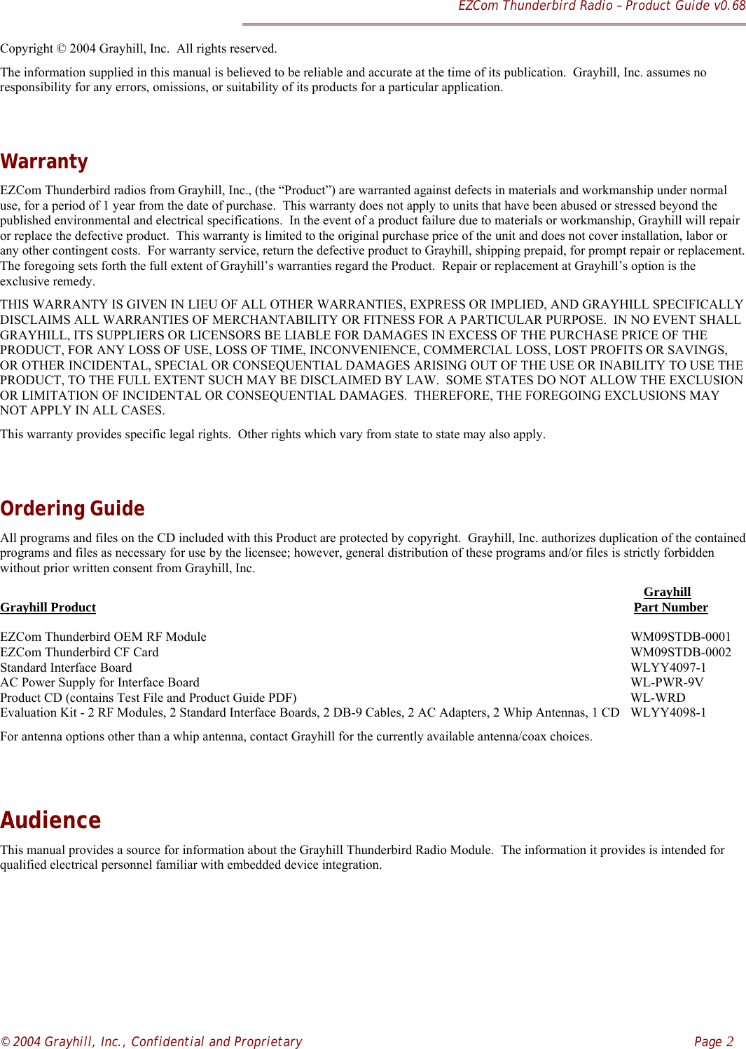 EZCom Thunderbird Radio – Product Guide v0.68© 2004 Grayhill, Inc., Confidential and Proprietary    Page 2Copyright © 2004 Grayhill, Inc.  All rights reserved.The information supplied in this manual is believed to be reliable and accurate at the time of its publication.  Grayhill, Inc. assumes noresponsibility for any errors, omissions, or suitability of its products for a particular application.WarrantyEZCom Thunderbird radios from Grayhill, Inc., (the “Product”) are warranted against defects in materials and workmanship under normaluse, for a period of 1 year from the date of purchase.  This warranty does not apply to units that have been abused or stressed beyond thepublished environmental and electrical specifications.  In the event of a product failure due to materials or workmanship, Grayhill will repairor replace the defective product.  This warranty is limited to the original purchase price of the unit and does not cover installation, labor orany other contingent costs.  For warranty service, return the defective product to Grayhill, shipping prepaid, for prompt repair or replacement.The foregoing sets forth the full extent of Grayhill’s warranties regard the Product.  Repair or replacement at Grayhill’s option is theexclusive remedy.THIS WARRANTY IS GIVEN IN LIEU OF ALL OTHER WARRANTIES, EXPRESS OR IMPLIED, AND GRAYHILL SPECIFICALLYDISCLAIMS ALL WARRANTIES OF MERCHANTABILITY OR FITNESS FOR A PARTICULAR PURPOSE.  IN NO EVENT SHALLGRAYHILL, ITS SUPPLIERS OR LICENSORS BE LIABLE FOR DAMAGES IN EXCESS OF THE PURCHASE PRICE OF THEPRODUCT, FOR ANY LOSS OF USE, LOSS OF TIME, INCONVENIENCE, COMMERCIAL LOSS, LOST PROFITS OR SAVINGS,OR OTHER INCIDENTAL, SPECIAL OR CONSEQUENTIAL DAMAGES ARISING OUT OF THE USE OR INABILITY TO USE THEPRODUCT, TO THE FULL EXTENT SUCH MAY BE DISCLAIMED BY LAW.  SOME STATES DO NOT ALLOW THE EXCLUSIONOR LIMITATION OF INCIDENTAL OR CONSEQUENTIAL DAMAGES.  THEREFORE, THE FOREGOING EXCLUSIONS MAYNOT APPLY IN ALL CASES.This warranty provides specific legal rights.  Other rights which vary from state to state may also apply.Ordering GuideAll programs and files on the CD included with this Product are protected by copyright.  Grayhill, Inc. authorizes duplication of the containedprograms and files as necessary for use by the licensee; however, general distribution of these programs and/or files is strictly forbiddenwithout prior written consent from Grayhill, Inc.       GrayhillGrayhill Product  Part NumberEZCom Thunderbird OEM RF Module WM09STDB-0001EZCom Thunderbird CF Card WM09STDB-0002Standard Interface Board WLYY4097-1AC Power Supply for Interface Board WL-PWR-9VProduct CD (contains Test File and Product Guide PDF) WL-WRDEvaluation Kit - 2 RF Modules, 2 Standard Interface Boards, 2 DB-9 Cables, 2 AC Adapters, 2 Whip Antennas, 1 CD WLYY4098-1For antenna options other than a whip antenna, contact Grayhill for the currently available antenna/coax choices.AudienceThis manual provides a source for information about the Grayhill Thunderbird Radio Module.  The information it provides is intended forqualified electrical personnel familiar with embedded device integration.