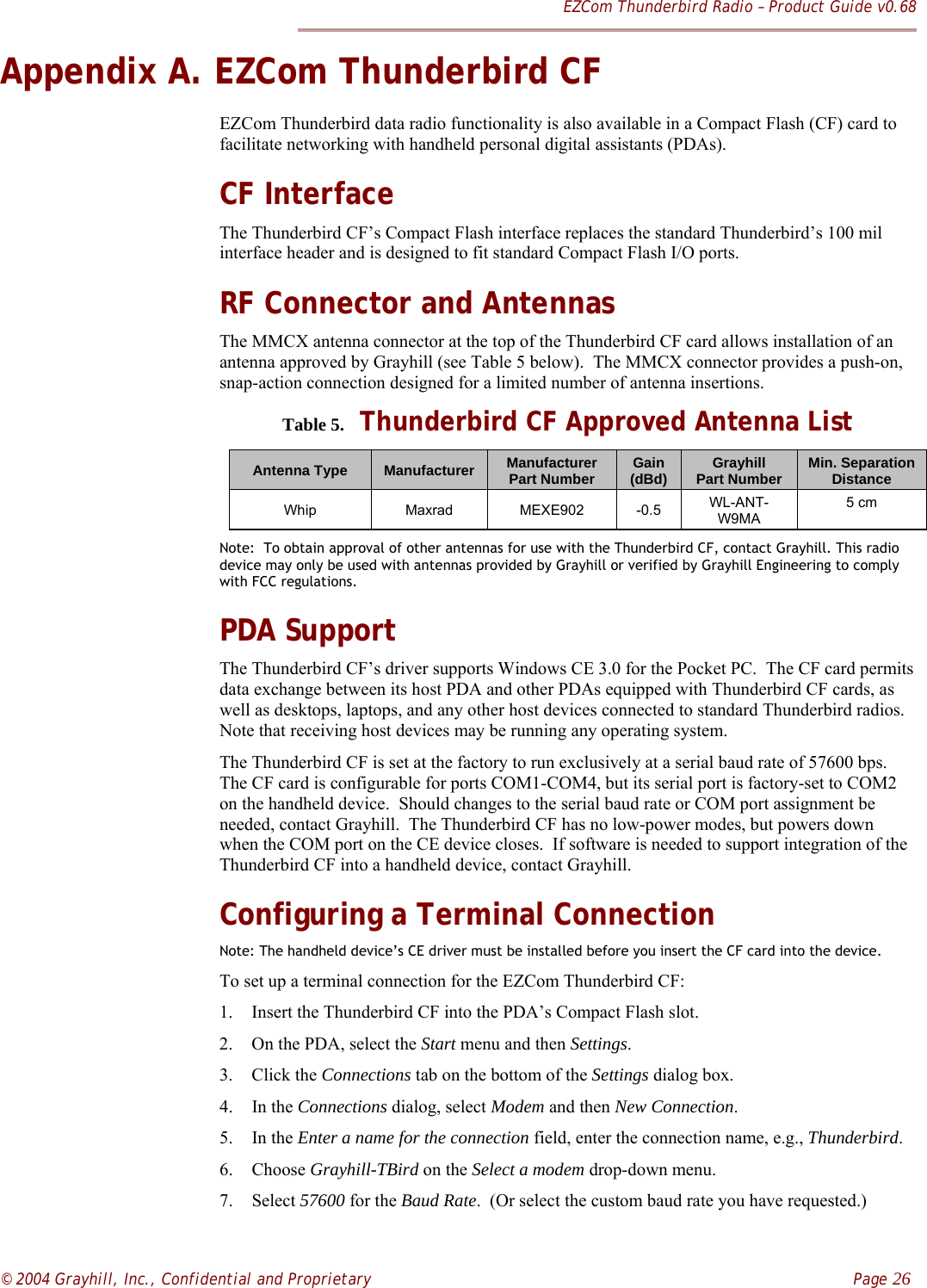 EZCom Thunderbird Radio – Product Guide v0.68© 2004 Grayhill, Inc., Confidential and Proprietary    Page 26Appendix A. EZCom Thunderbird CFEZCom Thunderbird data radio functionality is also available in a Compact Flash (CF) card tofacilitate networking with handheld personal digital assistants (PDAs).CF InterfaceThe Thunderbird CF’s Compact Flash interface replaces the standard Thunderbird’s 100 milinterface header and is designed to fit standard Compact Flash I/O ports.RF Connector and AntennasThe MMCX antenna connector at the top of the Thunderbird CF card allows installation of anantenna approved by Grayhill (see Table 5 below).  The MMCX connector provides a push-on,snap-action connection designed for a limited number of antenna insertions.   Table 5.  Thunderbird CF Approved Antenna ListAntenna Type Manufacturer ManufacturerPart Number Gain(dBd) GrayhillPart Number Min. SeparationDistanceWhip Maxrad MEXE902 -0.5 WL-ANT-W9MA5 cmNote:  To obtain approval of other antennas for use with the Thunderbird CF, contact Grayhill. This radiodevice may only be used with antennas provided by Grayhill or verified by Grayhill Engineering to complywith FCC regulations.PDA SupportThe Thunderbird CF’s driver supports Windows CE 3.0 for the Pocket PC.  The CF card permitsdata exchange between its host PDA and other PDAs equipped with Thunderbird CF cards, aswell as desktops, laptops, and any other host devices connected to standard Thunderbird radios.Note that receiving host devices may be running any operating system.The Thunderbird CF is set at the factory to run exclusively at a serial baud rate of 57600 bps.The CF card is configurable for ports COM1-COM4, but its serial port is factory-set to COM2on the handheld device.  Should changes to the serial baud rate or COM port assignment beneeded, contact Grayhill.  The Thunderbird CF has no low-power modes, but powers downwhen the COM port on the CE device closes.  If software is needed to support integration of theThunderbird CF into a handheld device, contact Grayhill.Configuring a Terminal ConnectionNote: The handheld device’s CE driver must be installed before you insert the CF card into the device.To set up a terminal connection for the EZCom Thunderbird CF:1. Insert the Thunderbird CF into the PDA’s Compact Flash slot.2. On the PDA, select the Start menu and then Settings.3. Click the Connections tab on the bottom of the Settings dialog box.4. In the Connections dialog, select Modem and then New Connection.5. In the Enter a name for the connection field, enter the connection name, e.g., Thunderbird.6. Choose Grayhill-TBird on the Select a modem drop-down menu.7. Select 57600 for the Baud Rate.  (Or select the custom baud rate you have requested.)