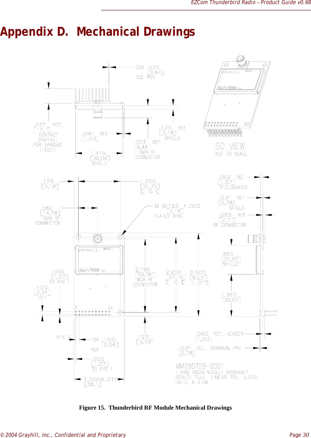 EZCom Thunderbird Radio – Product Guide v0.68© 2004 Grayhill, Inc., Confidential and Proprietary    Page 30Appendix D.  Mechanical DrawingsFigure 15.  Thunderbird RF Module Mechanical Drawings