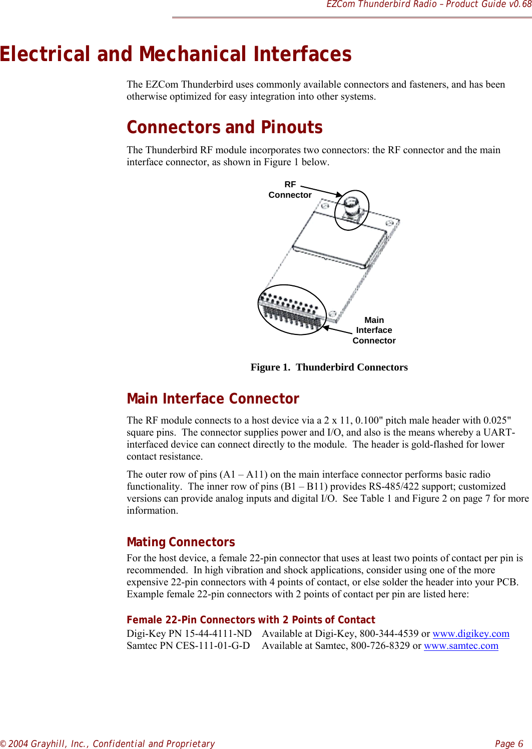 EZCom Thunderbird Radio – Product Guide v0.68© 2004 Grayhill, Inc., Confidential and Proprietary    Page 6Electrical and Mechanical InterfacesThe EZCom Thunderbird uses commonly available connectors and fasteners, and has beenotherwise optimized for easy integration into other systems.Connectors and PinoutsThe Thunderbird RF module incorporates two connectors: the RF connector and the maininterface connector, as shown in Figure 1 below.MainInterfaceConnectorRF ConnectorFigure 1.  Thunderbird ConnectorsMain Interface ConnectorThe RF module connects to a host device via a 2 x 11, 0.100&quot; pitch male header with 0.025&quot;square pins.  The connector supplies power and I/O, and also is the means whereby a UART-interfaced device can connect directly to the module.  The header is gold-flashed for lowercontact resistance.  The outer row of pins (A1 – A11) on the main interface connector performs basic radiofunctionality.  The inner row of pins (B1 – B11) provides RS-485/422 support; customizedversions can provide analog inputs and digital I/O.  See Table 1 and Figure 2 on page 7 for moreinformation.Mating ConnectorsFor the host device, a female 22-pin connector that uses at least two points of contact per pin isrecommended.  In high vibration and shock applications, consider using one of the moreexpensive 22-pin connectors with 4 points of contact, or else solder the header into your PCB.Example female 22-pin connectors with 2 points of contact per pin are listed here:Female 22-Pin Connectors with 2 Points of ContactDigi-Key PN 15-44-4111-ND Available at Digi-Key, 800-344-4539 or www.digikey.comSamtec PN CES-111-01-G-D Available at Samtec, 800-726-8329 or www.samtec.com  