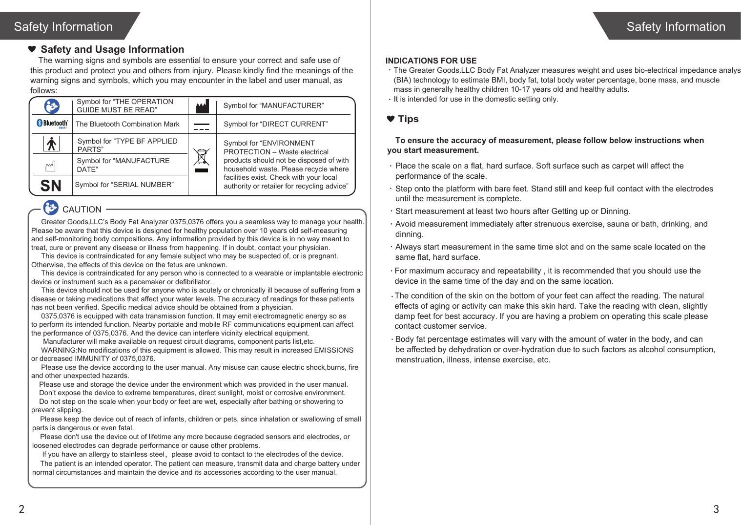 2 3Safety InformationSafety InformationINDICATIONS FOR USEThe Greater Goods,LLC Body Fat Analyzer measures weight and uses bio-electrical impedance analysis (BIA) technology to estimate BMI, body fat, total body water percentage, bone mass, and muscle mass in generally healthy children 10-17 years old and healthy adults. It is intended for use in the domestic setting only. TipsTo ensure the accuracy of measurement, please follow below instructions when you start measurement.Place the scale on a flat, hard surface. Soft surface such as carpet will affect the performance of the scale.Step onto the platform with bare feet. Stand still and keep full contact with the electrodes until the measurement is complete.Start measurement at least two hours after Getting up or Dinning.Avoid measurement immediately after strenuous exercise, sauna or bath, drinking, and dinning.Always start measurement in the same time slot and on the same scale located on the same flat, hard surface.For maximum accuracy and repeatability , it is recommended that you should use the device in the same time of the day and on the same location. Body fat percentage estimates will vary with the amount of water in the body, and can be affected by dehydration or over-hydration due to such factors as alcohol consumption, menstruation, illness, intense exercise, etc.The condition of the skin on the bottom of your feet can affect the reading. The natural effects of aging or activity can make this skin hard. Take the reading with clean, slightly damp feet for best accuracy. If you are having a problem on operating this scale please contact customer service.The warning signs and symbols are essential to ensure your correct and safe use of this product and protect you and others from injury. Please kindly find the meanings of the warning signs and symbols, which you may encounter in the label and user manual, as follows:Safety and Usage InformationCAUTIONSymbol for “THE OPERATION GUIDE MUST BE READ” Symbol for “MANUFACTURER”Symbol for “ENVIRONMENT PROTECTION – Waste electrical products should not be disposed of with household waste. Please recycle where facilities exist. Check with your local authority or retailer for recycling advice”Symbol for “TYPE BF APPLIED PARTS” The Bluetooth Combination MarkSymbol for “SERIAL NUMBER”Symbol for “MANUFACTURE DATE”Symbol for “DIRECT CURRENT” Greater Goods,LLC’s Body Fat Analyzer 0375,0376 offers you a seamless way to manage your health. Please be aware that this device is designed for healthy population over 10 years old self-measuring and self-monitoring body compositions. Any information provided by this device is in no way meant to treat, cure or prevent any disease or illness from happening. If in doubt, contact your physician. This device is contraindicated for any female subject who may be suspected of, or is pregnant. Otherwise, the effects of this device on the fetus are unknown. This device is contraindicated for any person who is connected to a wearable or implantable electronic device or instrument such as a pacemaker or defibrillator. This device should not be used for anyone who is acutely or chronically ill because of suffering from a disease or taking medications that affect your water levels. The accuracy of readings for these patients has not been verified. Specific medical advice should be obtained from a physician. 0375,0376 is equipped with data transmission function. It may emit electromagnetic energy so as to perform its intended function. Nearby portable and mobile RF communications equipment can affect the performance of 0375,0376. And the device can interfere vicinity electrical equipment. Manufacturer will make available on request circuit diagrams, component parts list,etc. WARNING:No modifications of this equipment is allowed. This may result in increased EMISSIONS or decreased IMMUNITY of 0375,0376. Please use the device according to the user manual. Any misuse can cause electric shock,burns, fire and other unexpected hazards. Please use and storage the device under the environment which was provided in the user manual. Don’t expose the device to extreme temperatures, direct sunlight, moist or corrosive environment. Do not step on the scale when your body or feet are wet, especially after bathing or showering to prevent slipping. Please keep the device out of reach of infants, children or pets, since inhalation or swallowing of small parts is dangerous or even fatal. Please don't use the device out of lifetime any more because degraded sensors and electrodes, or loosened electrodes can degrade performance or cause other problems. If you have an allergy to stainless steel,please avoid to contact to the electrodes of the device. The patient is an intended operator. The patient can measure, transmit data and charge battery under normal circumstances and maintain the device and its accessories according to the user manual.