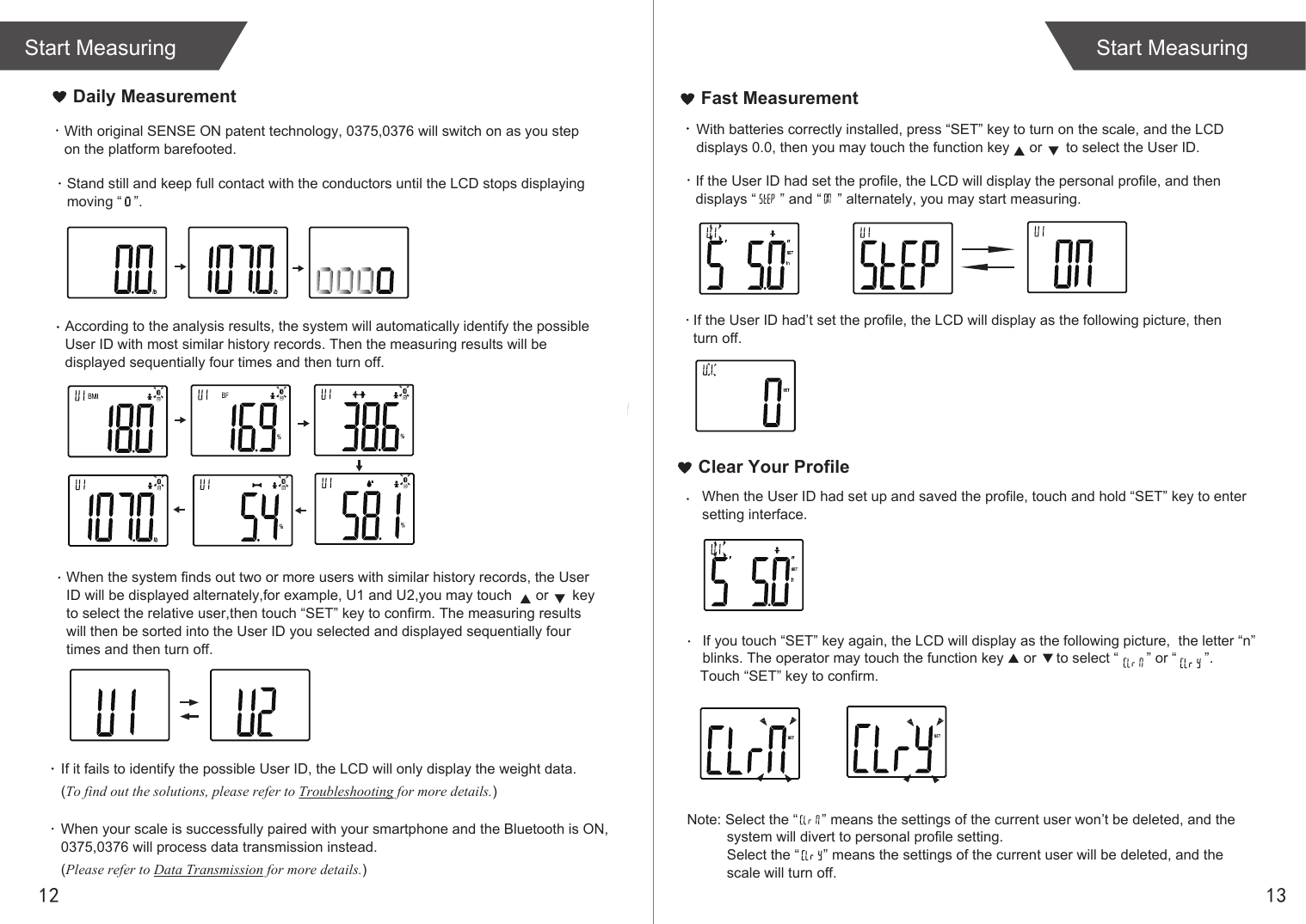 If the User ID had set the profile, the LCD will display the personal profile, and then displays “ ” and “ ” alternately, you may start measuring. Fast MeasurementIf the User ID had’t set the profile, the LCD will display as the following picture, then turn off.12Start MeasuringWith original SENSE ON patent technology, 0375,0376 will switch on as you step on the platform barefooted. If it fails to identify the possible User ID, the LCD will only display the weight data. (To find out the solutions, please refer to Troubleshooting for more details.)When your scale is successfully paired with your smartphone and the Bluetooth is ON, 0375,0376 will process data transmission instead. (Please refer to Data Transmission for more details.)Daily MeasurementStand still and keep full contact with the conductors until the LCD stops displaying moving “ ”.13Start MeasuringAccording to the analysis results, the system will automatically identify the possible User ID with most similar history records. Then the measuring results will be displayed sequentially four times and then turn off.When the system finds out two or more users with similar history records, the User ID will be displayed alternately,for example, U1 and U2,you may touch or key to select the relative user,then touch “SET” key to confirm. The measuring results will then be sorted into the User ID you selected and displayed sequentially four times and then turn off.With batteries correctly installed, press “SET” key to turn on the scale, and the LCD displays 0.0, then you may touch the function key or to select the User ID.Note: Select the “ ” means the settings of the current user won’t be deleted, and the system will divert to personal profile setting. Select the “ ” means the settings of the current user will be deleted, and the scale will turn off. Clear Your ProfileWhen the User ID had set up and saved the profile, touch and hold “SET” key to enter setting interface. If you touch “SET” key again, the LCD will display as the following picture, the letter “n” blinks. The operator may touch the function key or to select “ ” or “ ”. Touch “SET” key to confirm.