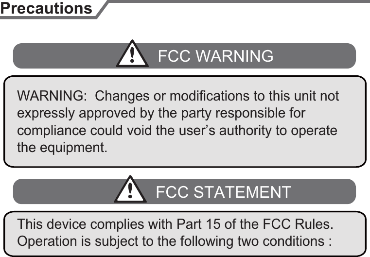 PrecautionsFCC WARNINGexpressly approved by the party responsible for compliance could void the user’s authority to operate the equipment.WARNING:  Changes or modifications to this unit not FCC STATEMENTOperation is subject to the following two conditions : This device complies with Part 15 of the FCC Rules. 