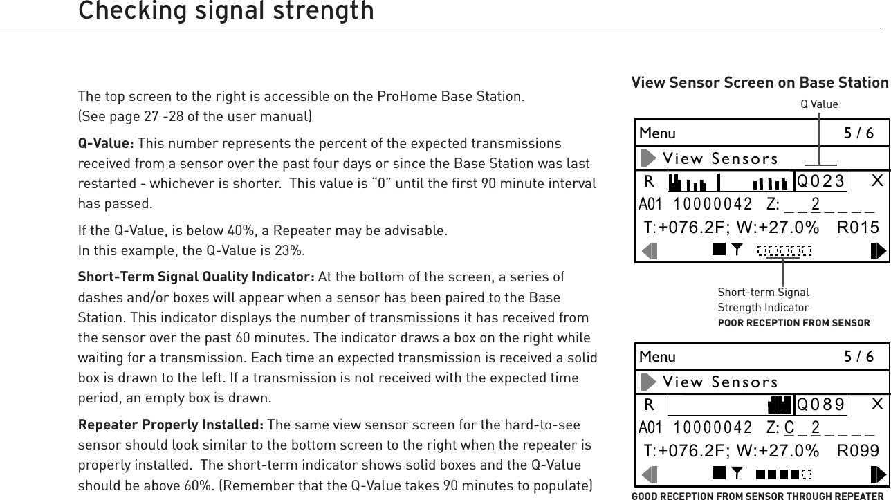 Checking signal strengthThe top screen to the right is accessible on the ProHome Base Station.   (See page 27 -28 of the user manual)Q-Value: This number represents the percent of the expected transmissions received from a sensor over the past four days or since the Base Station was last restarted - whichever is shorter.  This value is “0” until the ﬁrst 90 minute interval has passed.  If the Q-Value, is below 40%, a Repeater may be advisable.   In this example, the Q-Value is 23%.Short-Term Signal Quality Indicator: At the bottom of the screen, a series of dashes and/or boxes will appear when a sensor has been paired to the Base Station. This indicator displays the number of transmissions it has received from the sensor over the past 60 minutes. The indicator draws a box on the right while waiting for a transmission. Each time an expected transmission is received a solid box is drawn to the left. If a transmission is not received with the expected time period, an empty box is drawn.Repeater Properly Installed: The same view sensor screen for the hard-to-see sensor should look similar to the bottom screen to the right when the repeater is properly installed.  The short-term indicator shows solid boxes and the Q-Value should be above 60%. (Remember that the Q-Value takes 90 minutes to populate)Menu  5 / 6  View SensorsR10000042XZ:_______C 2A01Q089 T: +076.2F; W:+27.0%   R099Menu  5 / 6  View SensorsR10000042XZ:_______2A01Q023 T: +076.2F; W:+27.0%   R015Q ValueShort-term Signal Strength IndicatorView Sensor Screen on Base StationQ ValueShort-term Signal Strength IndicatorPOOR RECEPTION FROM SENSORGOOD RECEPTION FROM SENSOR THROUGH REPEATER