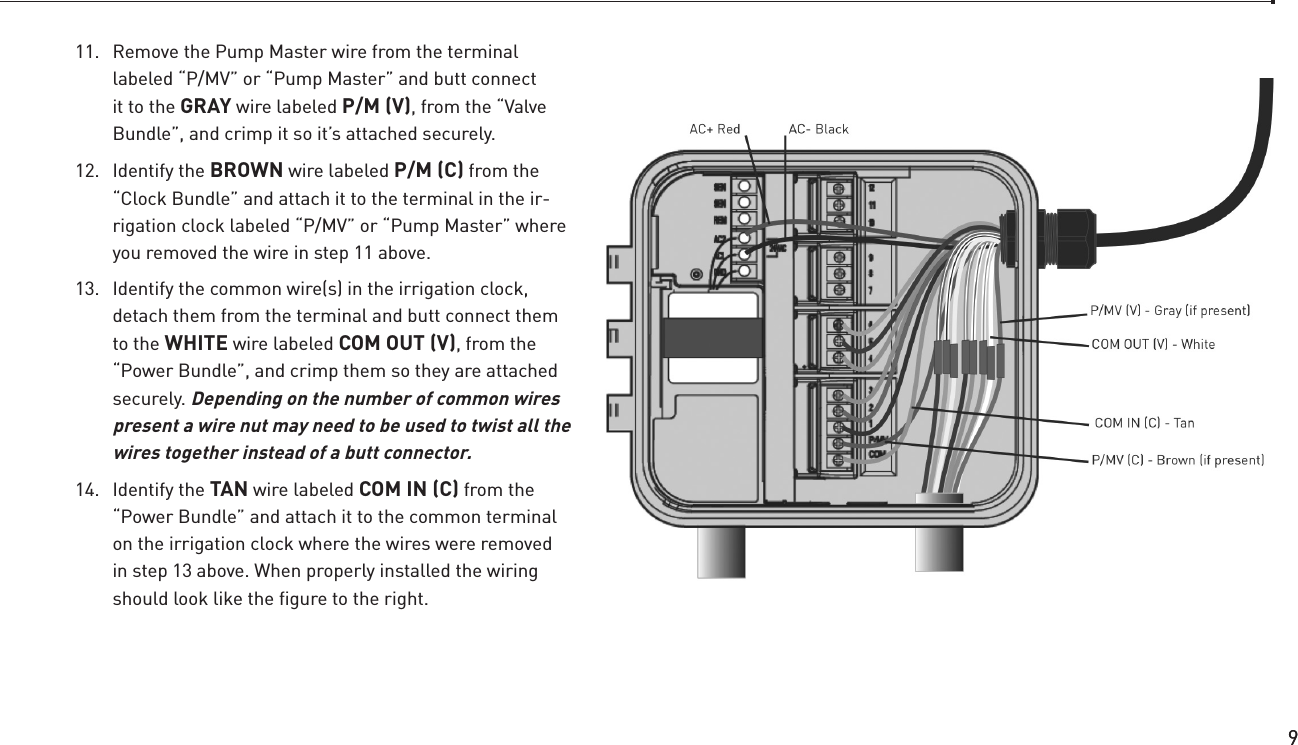 9911.  Remove the Pump Master wire from the terminal labeled “P/MV” or “Pump Master” and butt connect it to the GRAY wire labeled P/M (V), from the “Valve Bundle”, and crimp it so it’s attached securely.12.  Identify the BROWN wire labeled P/M (C) from the “Clock Bundle” and attach it to the terminal in the ir-rigation clock labeled “P/MV” or “Pump Master” where you removed the wire in step 11 above.13.  Identify the common wire(s) in the irrigation clock, detach them from the terminal and butt connect them to the WHITE wire labeled COM OUT (V), from the “Power Bundle”, and crimp them so they are attached securely. Depending on the number of common wires present a wire nut may need to be used to twist all the wires together instead of a butt connector.14.  Identify the TAN wire labeled COM IN (C) from the “Power Bundle” and attach it to the common terminal on the irrigation clock where the wires were removed in step 13 above. When properly installed the wiring should look like the ﬁgure to the right.