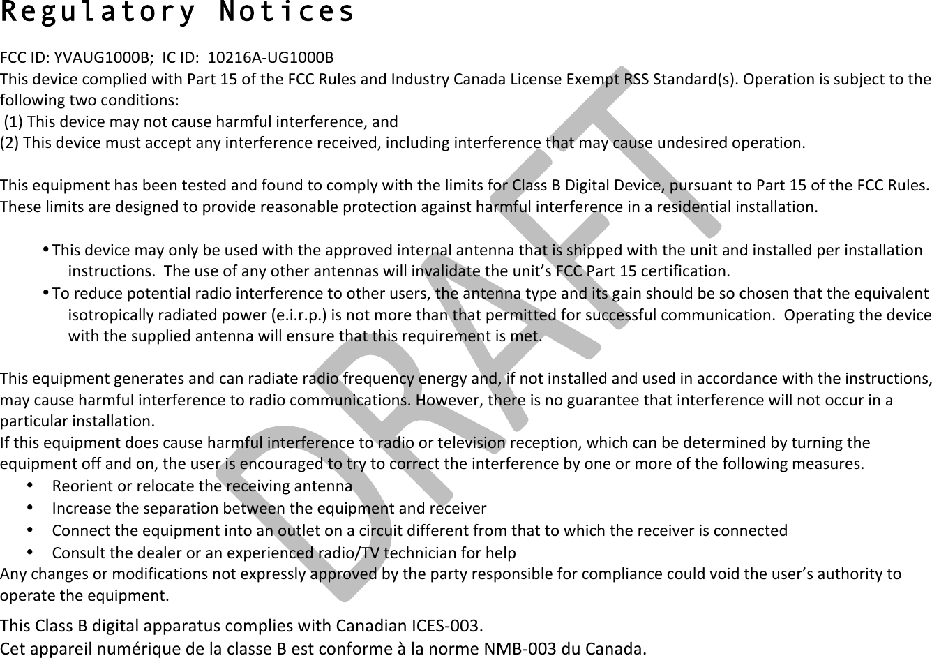 !! !Regulatory Notices &quot;##!$%&amp;!&apos;()*+,---./!!$#!$%&amp;!!,-0,1)2*+,---.!3456!7895:8!:;&lt;=&gt;587!?5@4!ABC@!,D!;E!@48!&quot;##!FG&gt;86!BH7!$H7G6@CI!#BHB7B!J5:8H68!KL8&lt;=@!FMM!M@BH7BC7N6OP!Q=8CB@5;H!56!6GRS8:@!@;!@48!E;&gt;&gt;;?5HT!@?;!:;H75@5;H6&amp;!!N,O!3456!7895:8!&lt;BI!H;@!:BG68!4BC&lt;EG&gt;!5H@8CE8C8H:8U!BH7!!N0O!3456!7895:8!&lt;G6@!B::8=@!BHI!5H@8CE8C8H:8!C8:85987U!5H:&gt;G75HT!5H@8CE8C8H:8!@4B@!&lt;BI!:BG68!GH7865C87!;=8CB@5;HP!!3456!8VG5=&lt;8H@!4B6!R88H!@86@87!BH7!E;GH7!@;!:;&lt;=&gt;I!?5@4!@48!&gt;5&lt;5@6!E;C!#&gt;B66!.!%5T5@B&gt;!%895:8U!=GC6GBH@!@;!ABC@!,D!;E!@48!&quot;##!FG&gt;86P!34868!&gt;5&lt;5@6!BC8!7865TH87!@;!=C;9578!C8B6;HBR&gt;8!=C;@8:@5;H!BTB5H6@!4BC&lt;EG&gt;!5H@8CE8C8H:8!5H!B!C86578H@5B&gt;!5H6@B&gt;&gt;B@5;HP!!!• 3456!7895:8!&lt;BI!;H&gt;I!R8!G687!?5@4!@48!B==C;987!5H@8CHB&gt;!BH@8HHB!@4B@!56!645==87!?5@4!@48!GH5@!BH7!5H6@B&gt;&gt;87!=8C!5H6@B&gt;&gt;B@5;H!5H6@CG:@5;H6P!!348!G68!;E!BHI!;@48C!BH@8HHB6!?5&gt;&gt;!5H9B&gt;57B@8!@48!GH5@W6!&quot;##!ABC@!,D!:8C@5E5:B@5;HP!• 3;!C87G:8!=;@8H@5B&gt;!CB75;!5H@8CE8C8H:8!@;!;@48C!G68C6U!@48!BH@8HHB!@I=8!BH7!5@6!TB5H!64;G&gt;7!R8!6;!:4;68H!@4B@!@48!8VG59B&gt;8H@!56;@C;=5:B&gt;&gt;I!CB75B@87!=;?8C!N8P5PCP=PO!56!H;@!&lt;;C8!@4BH!@4B@!=8C&lt;5@@87!E;C!6G::866EG&gt;!:;&lt;&lt;GH5:B@5;HP!!Q=8CB@5HT!@48!7895:8!?5@4!@48!6G==&gt;587!BH@8HHB!?5&gt;&gt;!8H6GC8!@4B@!@456!C8VG5C8&lt;8H@!56!&lt;8@P!!3456!8VG5=&lt;8H@!T8H8CB@86!BH7!:BH!CB75B@8!CB75;!EC8VG8H:I!8H8CTI!BH7U!5E!H;@!5H6@B&gt;&gt;87!BH7!G687!5H!B::;C7BH:8!?5@4!@48!5H6@CG:@5;H6U!&lt;BI!:BG68!4BC&lt;EG&gt;!5H@8CE8C8H:8!@;!CB75;!:;&lt;&lt;GH5:B@5;H6P!X;?898CU!@48C8!56!H;!TGBCBH@88!@4B@!5H@8CE8C8H:8!?5&gt;&gt;!H;@!;::GC!5H!B!=BC@5:G&gt;BC!5H6@B&gt;&gt;B@5;HP!!$E!@456!8VG5=&lt;8H@!7;86!:BG68!4BC&lt;EG&gt;!5H@8CE8C8H:8!@;!CB75;!;C!@8&gt;89565;H!C8:8=@5;HU!?45:4!:BH!R8!78@8C&lt;5H87!RI!@GCH5HT!@48!8VG5=&lt;8H@!;EE!BH7!;HU!@48!G68C!56!8H:;GCBT87!@;!@CI!@;!:;CC8:@!@48!5H@8CE8C8H:8!RI!;H8!;C!&lt;;C8!;E!@48!E;&gt;&gt;;?5HT!&lt;8B6GC86P!• F8;C58H@!;C!C8&gt;;:B@8!@48!C8:8595HT!BH@8HHB!• $H:C8B68!@48!68=BCB@5;H!R8@?88H!@48!8VG5=&lt;8H@!BH7!C8:8598C!• #;HH8:@!@48!8VG5=&lt;8H@!5H@;!BH!;G@&gt;8@!;H!B!:5C:G5@!75EE8C8H@!EC;&lt;!@4B@!@;!?45:4!@48!C8:8598C!56!:;HH8:@87!• #;H6G&gt;@!@48!78B&gt;8C!;C!BH!8L=8C58H:87!CB75;Y3(!@8:4H5:5BH!E;C!48&gt;=!)HI!:4BHT86!;C!&lt;;75E5:B@5;H6!H;@!8L=C866&gt;I!B==C;987!RI!@48!=BC@I!C86=;H65R&gt;8!E;C!:;&lt;=&gt;5BH:8!:;G&gt;7!9;57!@48!G68CW6!BG@4;C5@I!@;!;=8CB@8!@48!8VG5=&lt;8H@P 3456!#&gt;B66!.!75T5@B&gt;!B==BCB@G6!:;&lt;=&gt;586!?5@4!#BHB75BH!$#KM2--ZP!#8@!B==BC85&gt;!HG&lt;[C5VG8!78!&gt;B!:&gt;B668!.!86@!:;HE;C&lt;8!\!&gt;B!H;C&lt;8!]^.2--Z!7G!#BHB7BP!