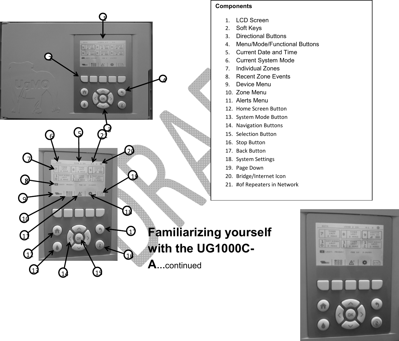                   Familiarizing yourself with the UG1000C-A…continued      4  3  2  1  5  21  20  11  10  9  8  7  6  19  18  17  16  15  14  13  12 Components 1.  LCD Screen 2.  Soft Keys 3.  Directional Buttons 4.  Menu/Mode/Functional Buttons 5.  Current Date and Time 6.  Current System Mode 7.  Individual Zones 8.  Recent Zone Events 9.  Device Menu 10.  Zone Menu 11.  Alerts Menu 12. Home Screen Button 13. System Mode Button 14. Navigation Buttons 15. Selection Button 16. Stop Button 17. Back Button 18. System Settings 19. Page Down 20. Bridge/Internet Icon 21. #of Repeaters in Network  