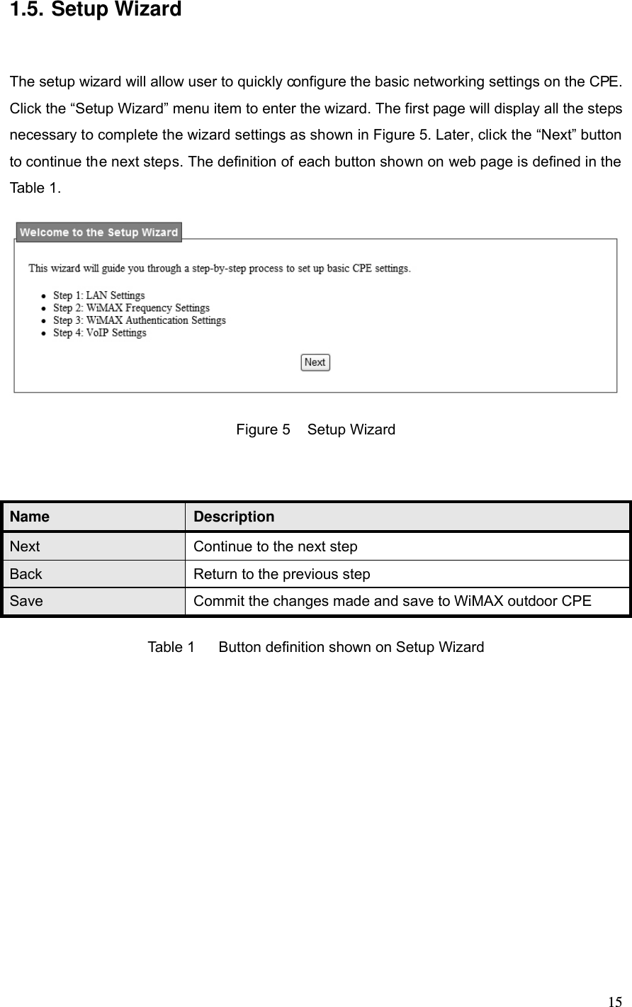  151.5. Setup Wizard The setup wizard will allow user to quickly configure the basic networking settings on the CPE. Click the “Setup Wizard” menu item to enter the wizard. The first page will display all the steps necessary to complete the wizard settings as shown in Figure 5. Later, click the “Next” button to continue the next steps. The definition of each button shown on web page is defined in the Table 1.  Figure 5  Setup Wizard  Name  Description Next  Continue to the next step Back  Return to the previous step Save  Commit the changes made and save to WiMAX outdoor CPE Table 1  Button definition shown on Setup Wizard 