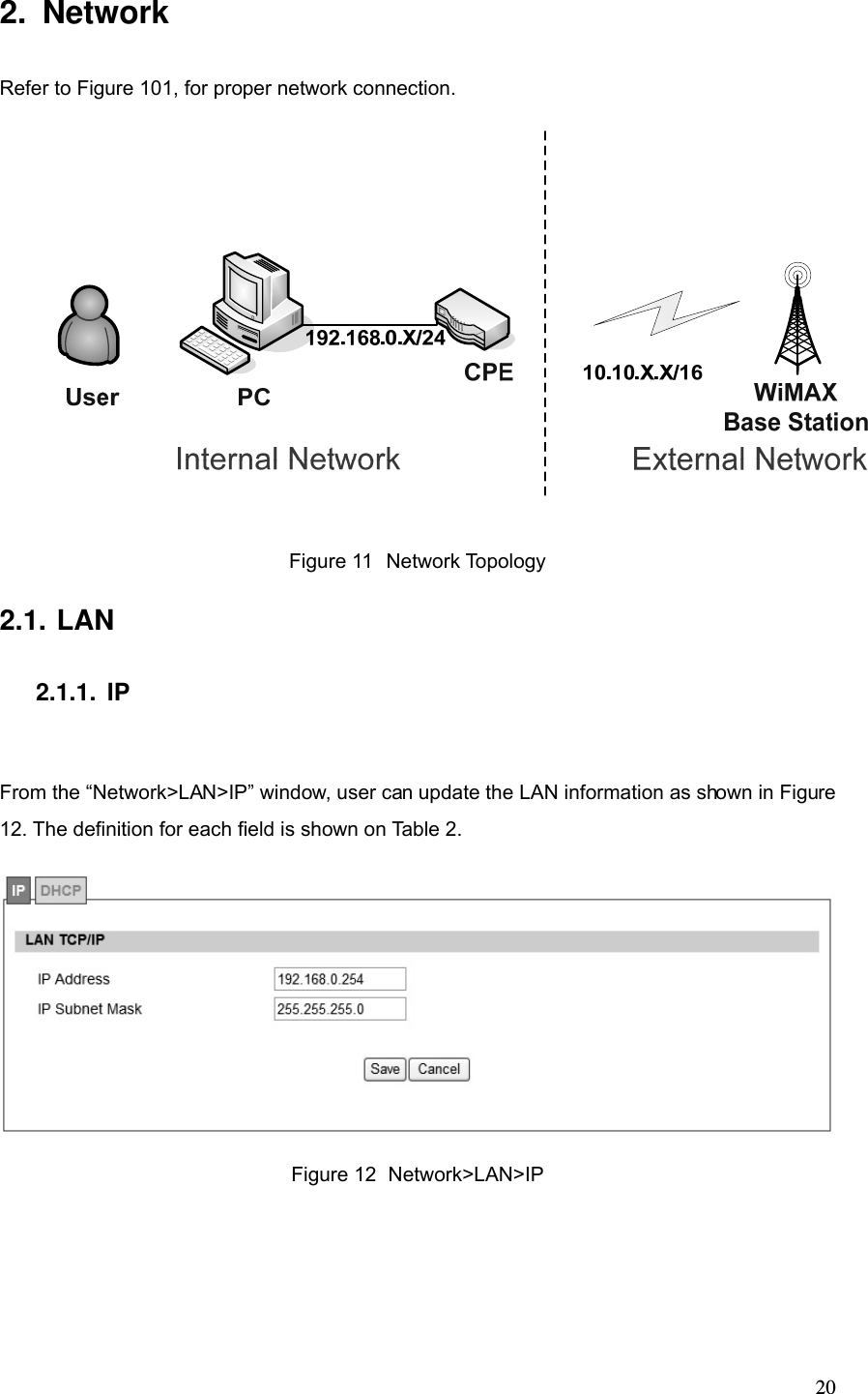  202. Network Refer to Figure 101, for proper network connection.  Figure 11  Network Topology 2.1. LAN 2.1.1. IP From the “Network&gt;LAN&gt;IP” window, user can update the LAN information as shown in Figure 12. The definition for each field is shown on Table 2.    Figure 12  Network&gt;LAN&gt;IP 