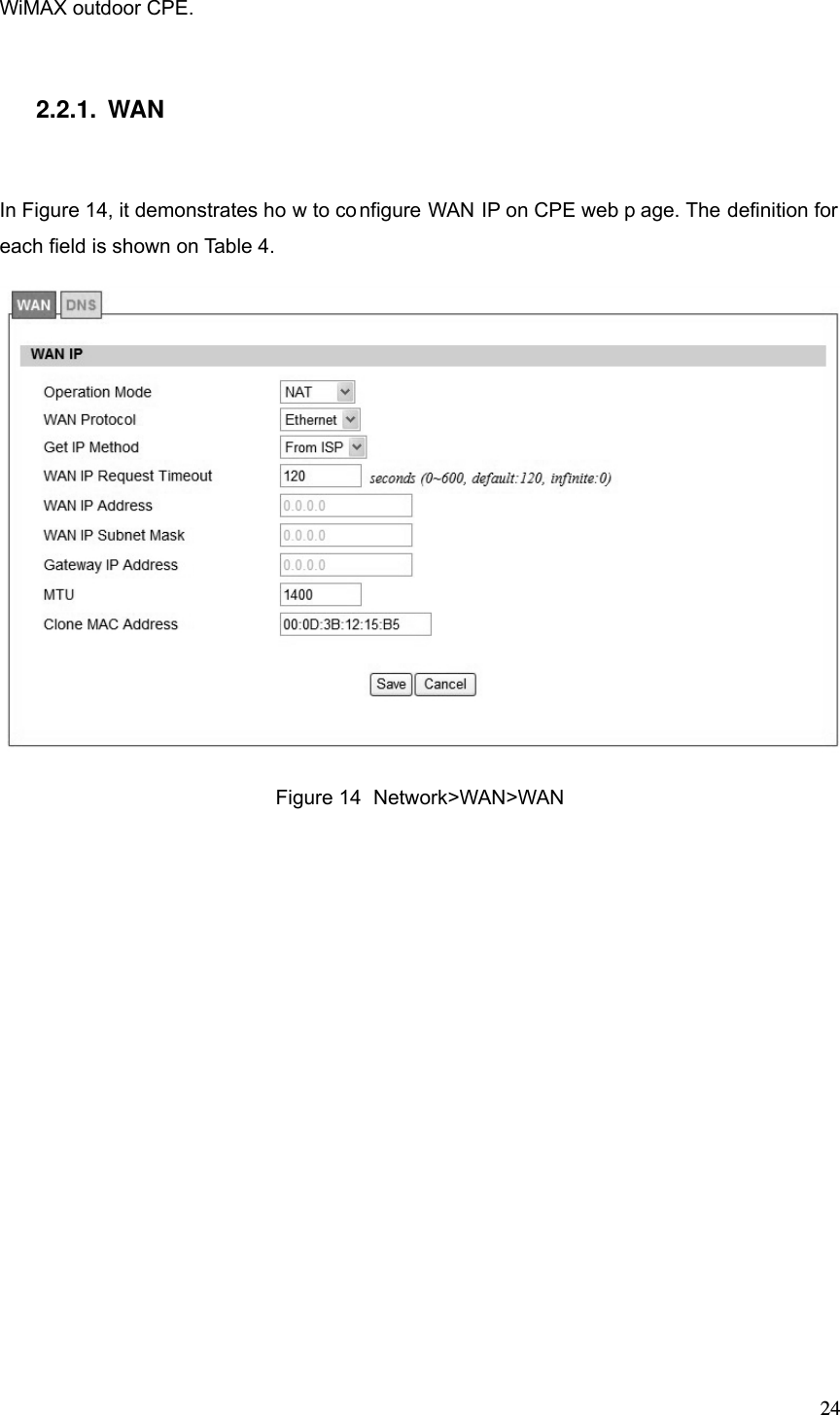  24WiMAX outdoor CPE. 2.2.1. WAN In Figure 14, it demonstrates ho w to co nfigure WAN IP on CPE web p age. The definition for  each field is shown on Table 4.    Figure 14  Network&gt;WAN&gt;WAN 