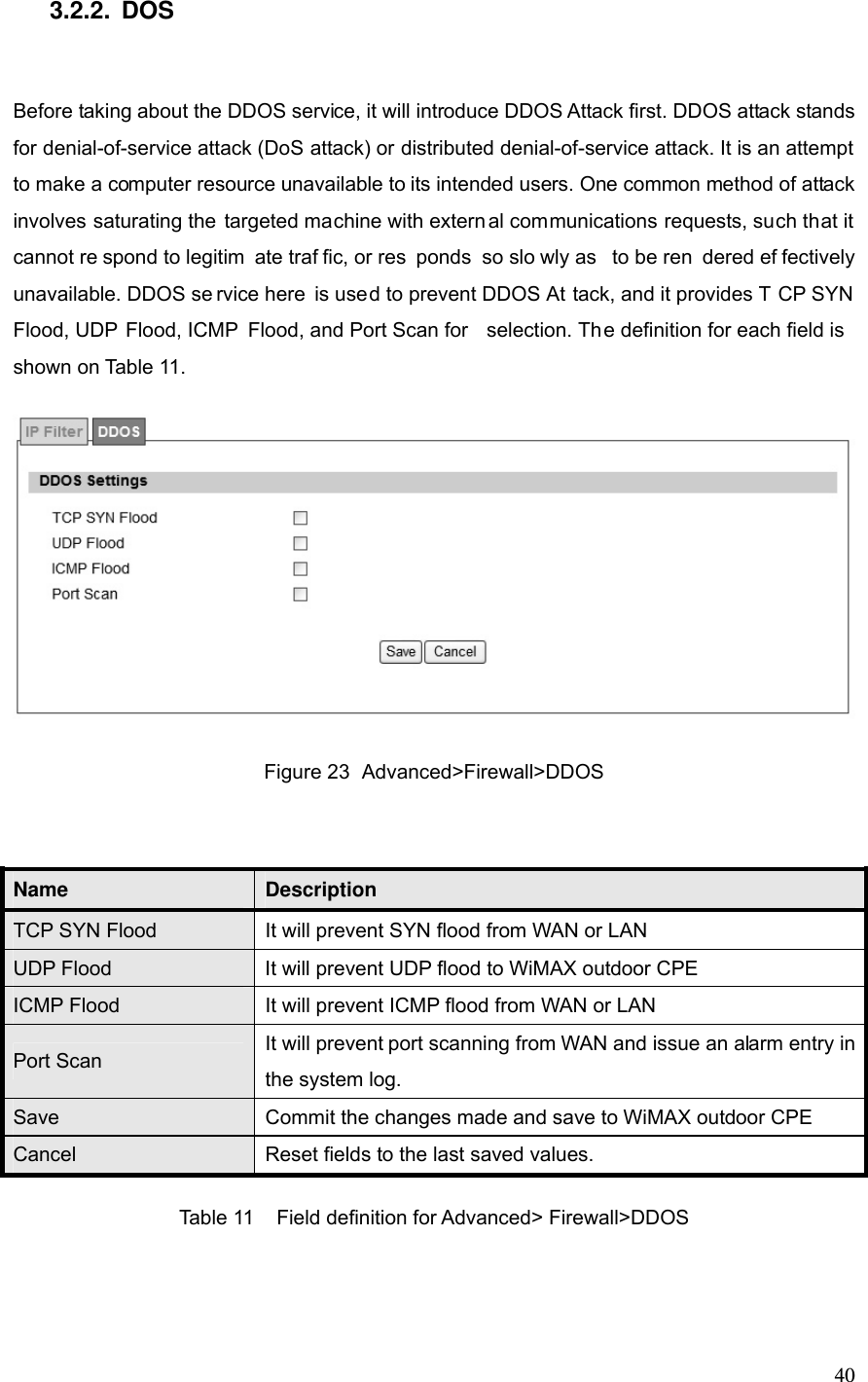  403.2.2. DOS Before taking about the DDOS service, it will introduce DDOS Attack first. DDOS attack stands for denial-of-service attack (DoS attack) or distributed denial-of-service attack. It is an attempt to make a computer resource unavailable to its intended users. One common method of attack involves saturating the targeted machine with extern al communications requests, such that it cannot re spond to legitim ate traf fic, or res ponds so slo wly as  to be ren dered ef fectively unavailable. DDOS se rvice here is used to prevent DDOS At tack, and it provides T CP SYN Flood, UDP Flood, ICMP  Flood, and Port Scan for  selection. Th e definition for each field is shown on Table 11.    Figure 23  Advanced&gt;Firewall&gt;DDOS  Name  Description TCP SYN Flood  It will prevent SYN flood from WAN or LAN UDP Flood  It will prevent UDP flood to WiMAX outdoor CPE ICMP Flood  It will prevent ICMP flood from WAN or LAN Port Scan  It will prevent port scanning from WAN and issue an alarm entry in the system log. Save  Commit the changes made and save to WiMAX outdoor CPE Cancel  Reset fields to the last saved values. Table 11  Field definition for Advanced&gt; Firewall&gt;DDOS  