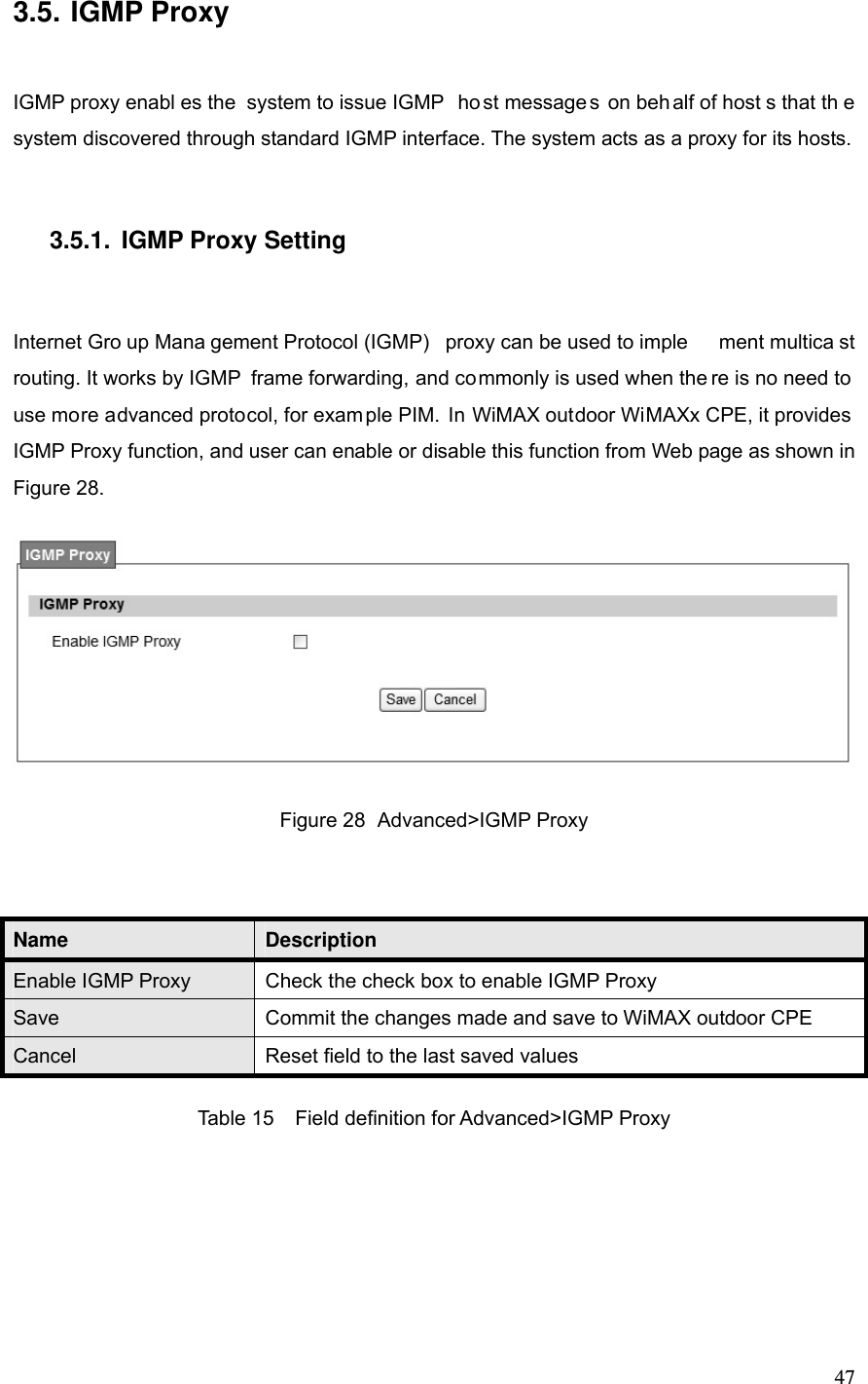  473.5. IGMP Proxy IGMP proxy enabl es the  system to issue IGMP  ho st message s on beh alf of host s that th e system discovered through standard IGMP interface. The system acts as a proxy for its hosts. 3.5.1.  IGMP Proxy Setting Internet Gro up Mana gement Protocol (IGMP)  proxy can be used to imple ment multica st routing. It works by IGMP  frame forwarding, and commonly is used when the re is no need to  use more advanced protocol, for exam ple PIM. In WiMAX outdoor WiMAXx CPE, it provides IGMP Proxy function, and user can enable or disable this function from Web page as shown in Figure 28.    Figure 28  Advanced&gt;IGMP Proxy  Name  Description Enable IGMP Proxy  Check the check box to enable IGMP Proxy Save  Commit the changes made and save to WiMAX outdoor CPE Cancel  Reset field to the last saved values Table 15  Field definition for Advanced&gt;IGMP Proxy 