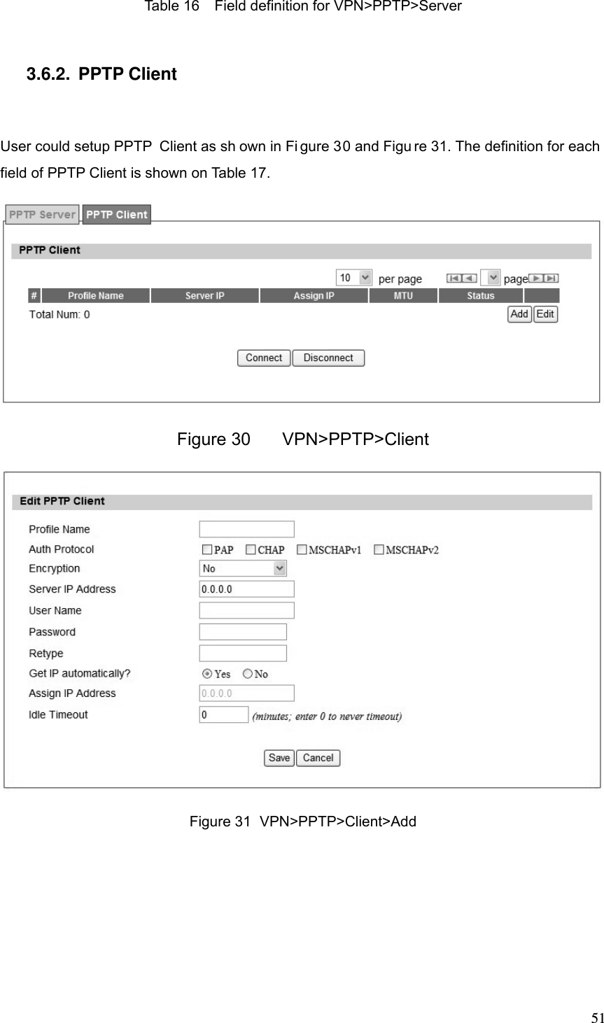  51Table 16  Field definition for VPN&gt;PPTP&gt;Server 3.6.2. PPTP Client User could setup PPTP  Client as sh own in Fi gure 30 and Figu re 31. The definition for each  field of PPTP Client is shown on Table 17.  Figure 30  VPN&gt;PPTP&gt;Client  Figure 31  VPN&gt;PPTP&gt;Client&gt;Add 