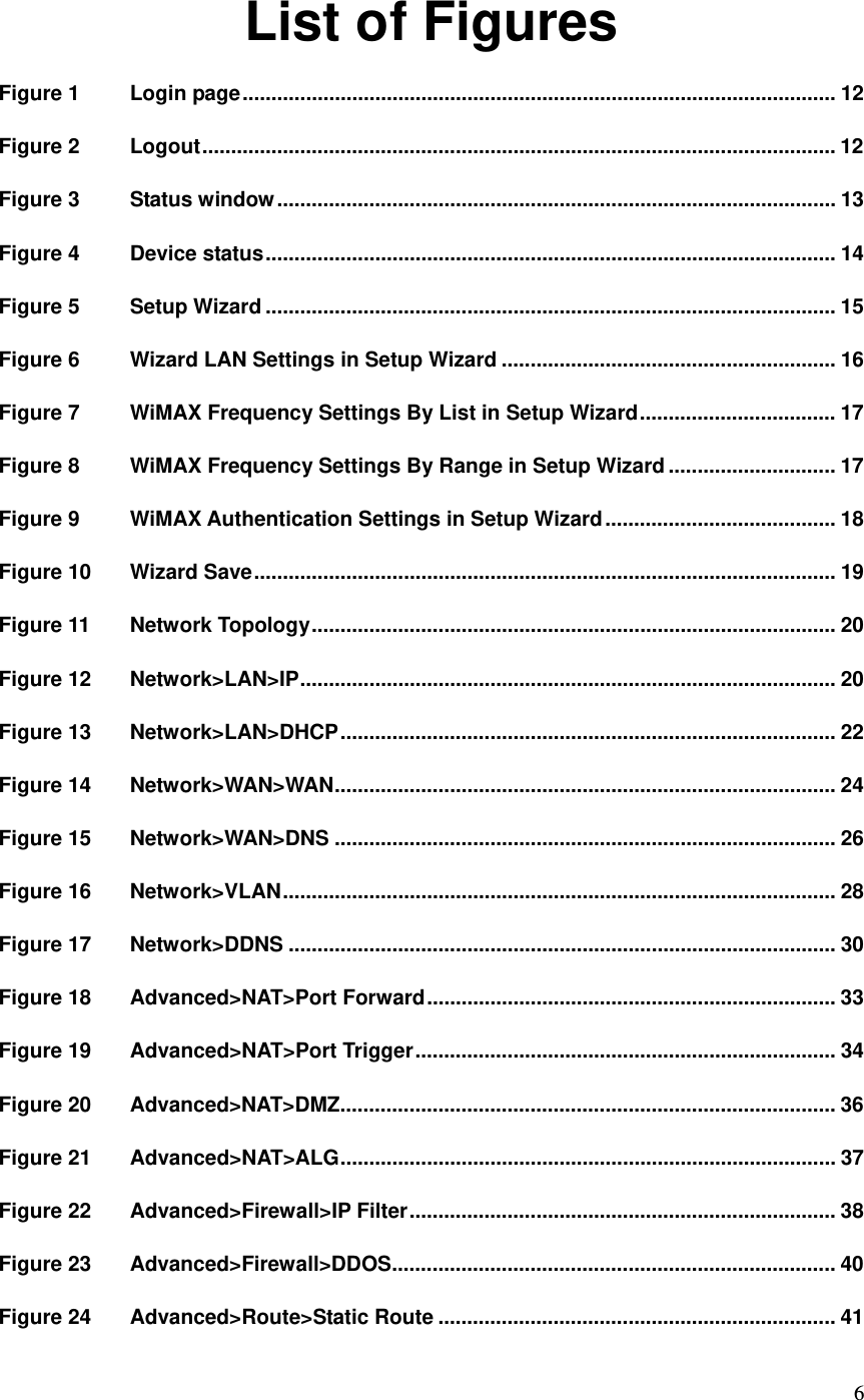  6 List of Figures Figure 1 Login page....................................................................................................... 12 Figure 2 Logout.............................................................................................................. 12 Figure 3 Status window................................................................................................. 13 Figure 4 Device status................................................................................................... 14 Figure 5 Setup Wizard ................................................................................................... 15 Figure 6 Wizard LAN Settings in Setup Wizard .......................................................... 16 Figure 7 WiMAX Frequency Settings By List in Setup Wizard.................................. 17 Figure 8 WiMAX Frequency Settings By Range in Setup Wizard............................. 17 Figure 9 WiMAX Authentication Settings in Setup Wizard........................................ 18 Figure 10 Wizard Save..................................................................................................... 19 Figure 11 Network Topology........................................................................................... 20 Figure 12 Network&gt;LAN&gt;IP............................................................................................. 20 Figure 13 Network&gt;LAN&gt;DHCP...................................................................................... 22 Figure 14 Network&gt;WAN&gt;WAN....................................................................................... 24 Figure 15 Network&gt;WAN&gt;DNS ....................................................................................... 26 Figure 16 Network&gt;VLAN................................................................................................ 28 Figure 17 Network&gt;DDNS ............................................................................................... 30 Figure 18 Advanced&gt;NAT&gt;Port Forward....................................................................... 33 Figure 19 Advanced&gt;NAT&gt;Port Trigger......................................................................... 34 Figure 20 Advanced&gt;NAT&gt;DMZ...................................................................................... 36 Figure 21 Advanced&gt;NAT&gt;ALG...................................................................................... 37 Figure 22 Advanced&gt;Firewall&gt;IP Filter.......................................................................... 38 Figure 23 Advanced&gt;Firewall&gt;DDOS............................................................................. 40 Figure 24 Advanced&gt;Route&gt;Static Route ..................................................................... 41 