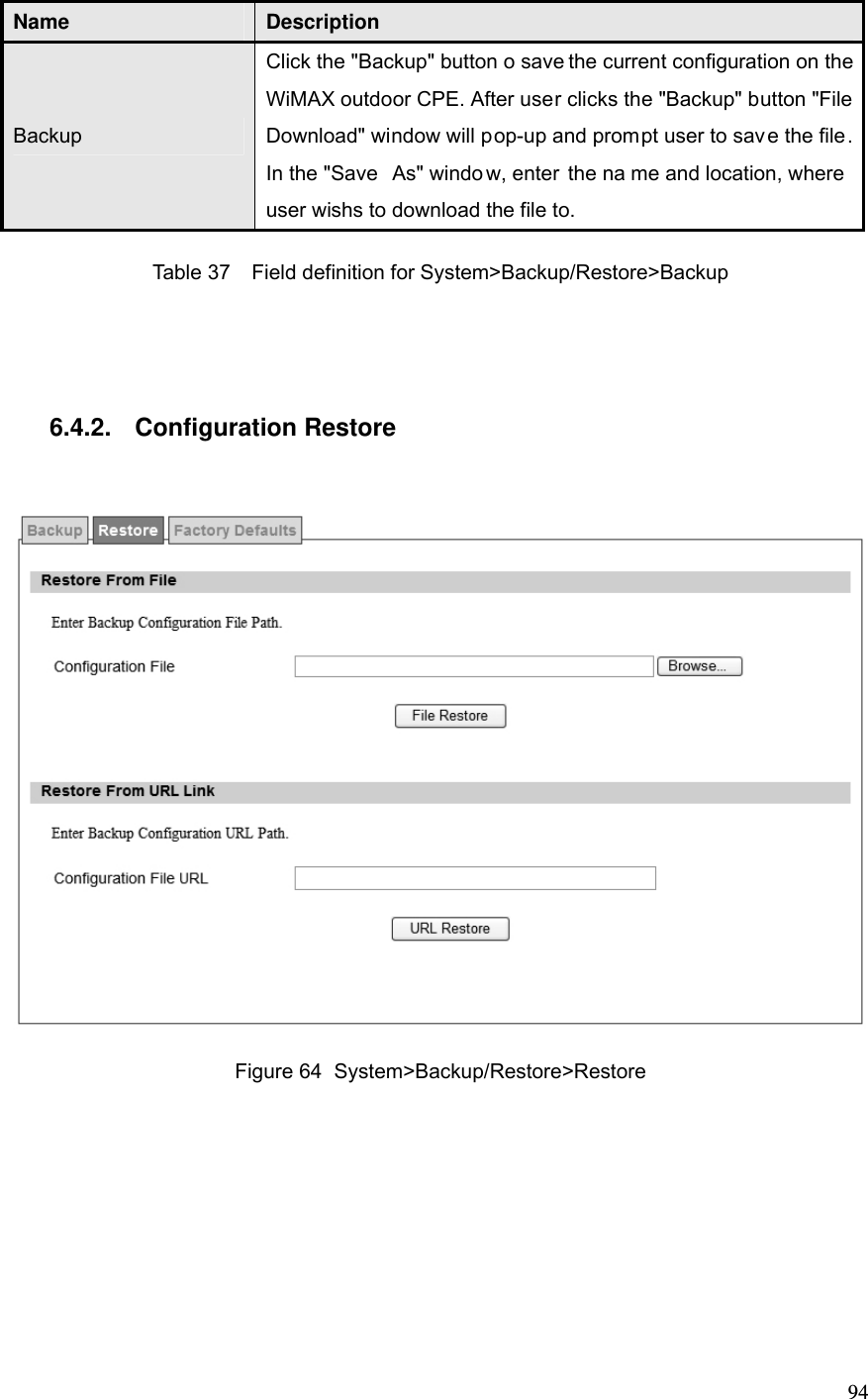  94 Name  Description Backup Click the &quot;Backup&quot; button o save the current configuration on the WiMAX outdoor CPE. After user clicks the &quot;Backup&quot; button &quot;File Download&quot; window will pop-up and prompt user to save the file. In the &quot;Save  As&quot; windo w, enter  the na me and location, where user wishs to download the file to. Table 37  Field definition for System&gt;Backup/Restore&gt;Backup  6.4.2.  Configuration Restore  Figure 64  System&gt;Backup/Restore&gt;Restore 