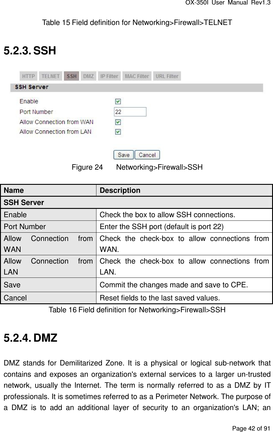 OX-350I  User  Manual  Rev1.3 Page 42 of 91 Table 15 Field definition for Networking&gt;Firewall&gt;TELNET 5.2.3. SSH  Figure 24  Networking&gt;Firewall&gt;SSH Name  Description SSH Server Enable    Check the box to allow SSH connections. Port Number  Enter the SSH port (default is port 22) Allow  Connection  from WAN Check  the  check-box  to  allow  connections  from WAN. Allow  Connection  from LAN Check  the  check-box  to  allow  connections  from LAN. Save  Commit the changes made and save to CPE. Cancel  Reset fields to the last saved values. Table 16 Field definition for Networking&gt;Firewall&gt;SSH 5.2.4. DMZ DMZ  stands  for  Demilitarized  Zone.  It  is  a  physical  or  logical  sub-network  that contains and  exposes  an organization&apos;s  external  services  to  a  larger un-trusted network,  usually  the  Internet.  The  term  is  normally  referred  to  as  a  DMZ  by  IT professionals. It is sometimes referred to as a Perimeter Network. The purpose of a  DMZ  is  to  add  an  additional  layer  of  security  to  an  organization&apos;s  LAN;  an 