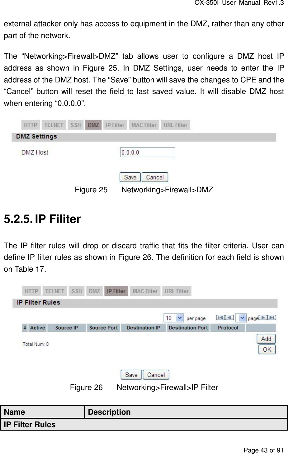 OX-350I  User  Manual  Rev1.3 Page 43 of 91 external attacker only has access to equipment in the DMZ, rather than any other part of the network. The  “Networking&gt;Firewall&gt;DMZ”  tab  allows  user  to  configure  a  DMZ  host  IP address  as  shown  in  Figure  25.  In  DMZ  Settings,  user  needs  to  enter  the  IP address of the DMZ host. The “Save” button will save the changes to CPE and the “Cancel”  button  will  reset  the field  to  last  saved  value.  It  will  disable  DMZ  host when entering “0.0.0.0”.  Figure 25  Networking&gt;Firewall&gt;DMZ 5.2.5. IP Filiter The  IP filter  rules  will  drop  or  discard  traffic that  fits  the  filter  criteria.  User  can define IP filter rules as shown in Figure 26. The definition for each field is shown on Table 17.  Figure 26  Networking&gt;Firewall&gt;IP Filter Name  Description IP Filter Rules 