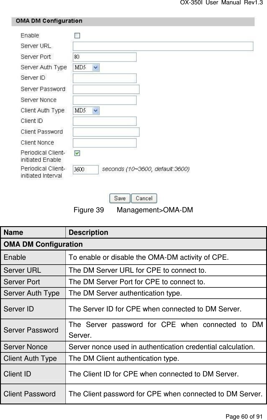 OX-350I  User  Manual  Rev1.3 Page 60 of 91  Figure 39  Management&gt;OMA-DM Name  Description OMA DM Configuration Enable  To enable or disable the OMA-DM activity of CPE. Server URL  The DM Server URL for CPE to connect to. Server Port  The DM Server Port for CPE to connect to. Server Auth Type  The DM Server authentication type. Server ID  The Server ID for CPE when connected to DM Server. Server Password  The  Server  password  for  CPE  when  connected  to  DM Server. Server Nonce  Server nonce used in authentication credential calculation. Client Auth Type  The DM Client authentication type. Client ID  The Client ID for CPE when connected to DM Server. Client Password  The Client password for CPE when connected to DM Server. 
