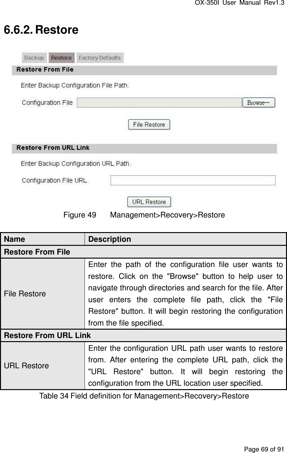 OX-350I  User  Manual  Rev1.3 Page 69 of 91 6.6.2. Restore    Figure 49  Management&gt;Recovery&gt;Restore Name  Description Restore From File File Restore Enter  the  path  of  the  configuration  file  user  wants  to restore.  Click  on  the  &quot;Browse&quot;  button  to  help  user  to navigate through directories and search for the file. After user  enters  the  complete  file  path,  click  the  &quot;File Restore&quot; button. It will begin restoring the configuration from the file specified.   Restore From URL Link URL Restore Enter the configuration URL path user wants to restore from.  After  entering  the  complete  URL  path,  click  the &quot;URL  Restore&quot;  button.  It  will  begin  restoring  the configuration from the URL location user specified. Table 34 Field definition for Management&gt;Recovery&gt;Restore 