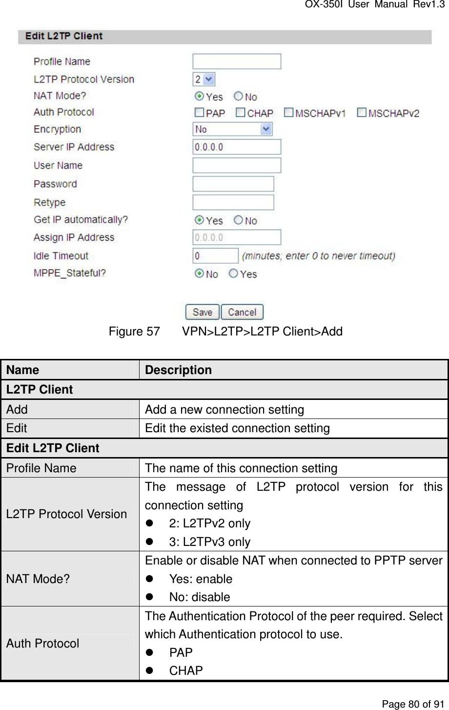 OX-350I  User  Manual  Rev1.3 Page 80 of 91  Figure 57  VPN&gt;L2TP&gt;L2TP Client&gt;Add Name  Description L2TP Client Add  Add a new connection setting Edit  Edit the existed connection setting Edit L2TP Client Profile Name  The name of this connection setting L2TP Protocol Version The  message  of  L2TP  protocol  version  for  this connection setting   2: L2TPv2 only   3: L2TPv3 only   NAT Mode? Enable or disable NAT when connected to PPTP server   Yes: enable   No: disable Auth Protocol The Authentication Protocol of the peer required. Select which Authentication protocol to use.   PAP   CHAP 